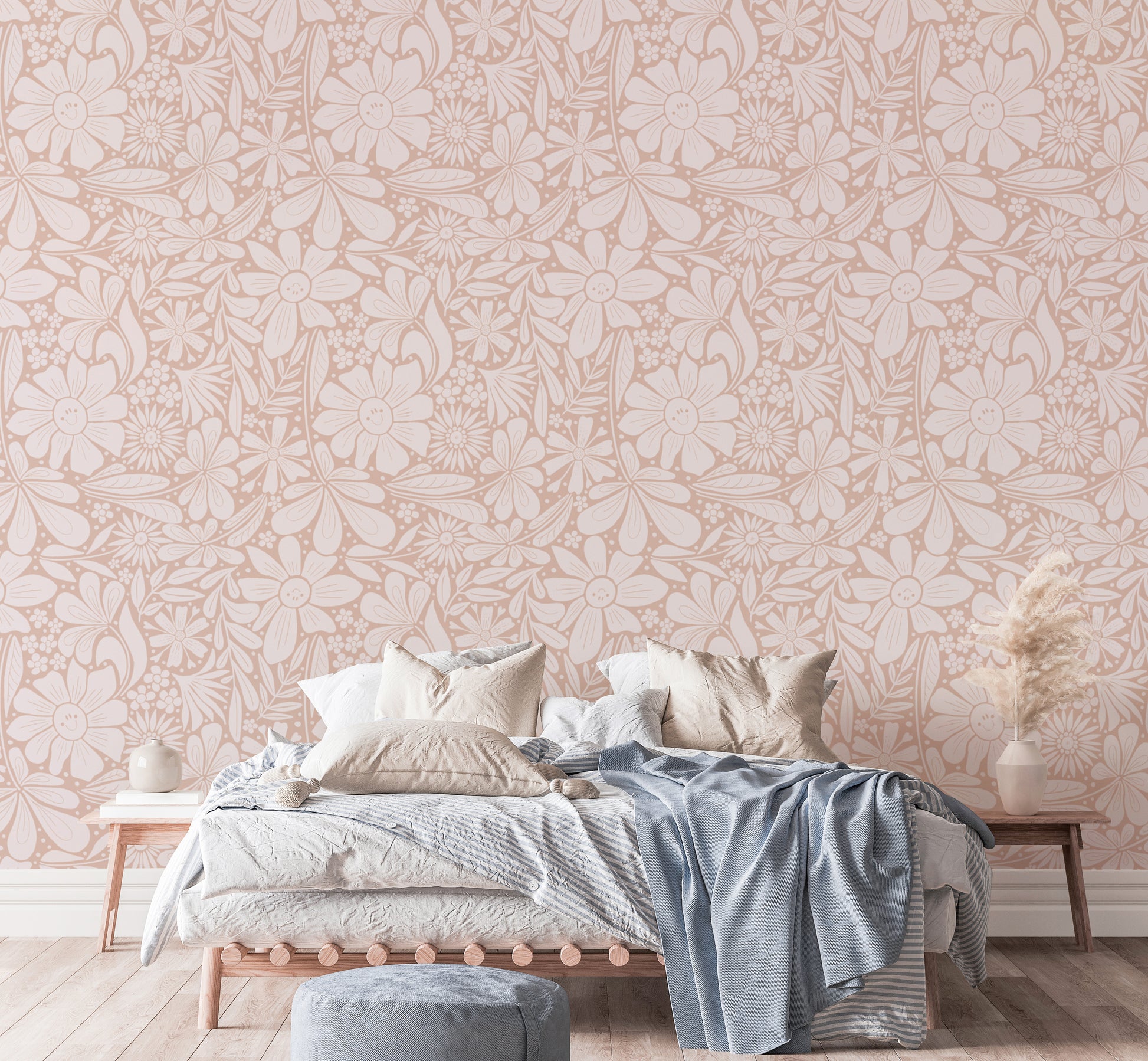 Whimsical pastel pink wallpaper with intricate happy bloom motifs.
