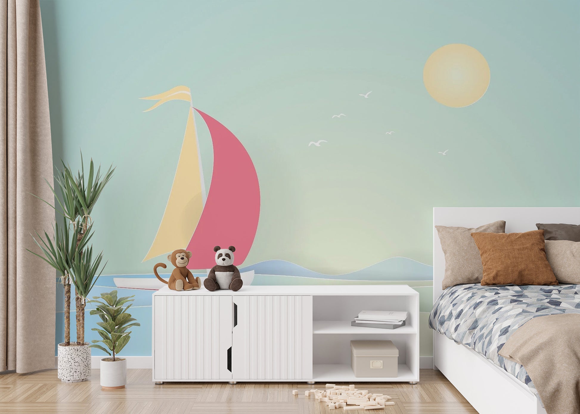 Scenic Boat Sailing Wall Mural Design