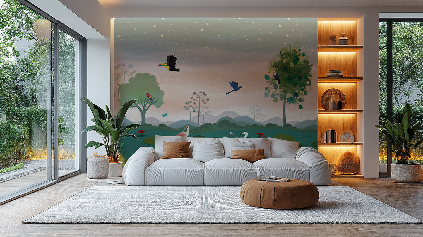 Serene bird wallpaper for children’s area
