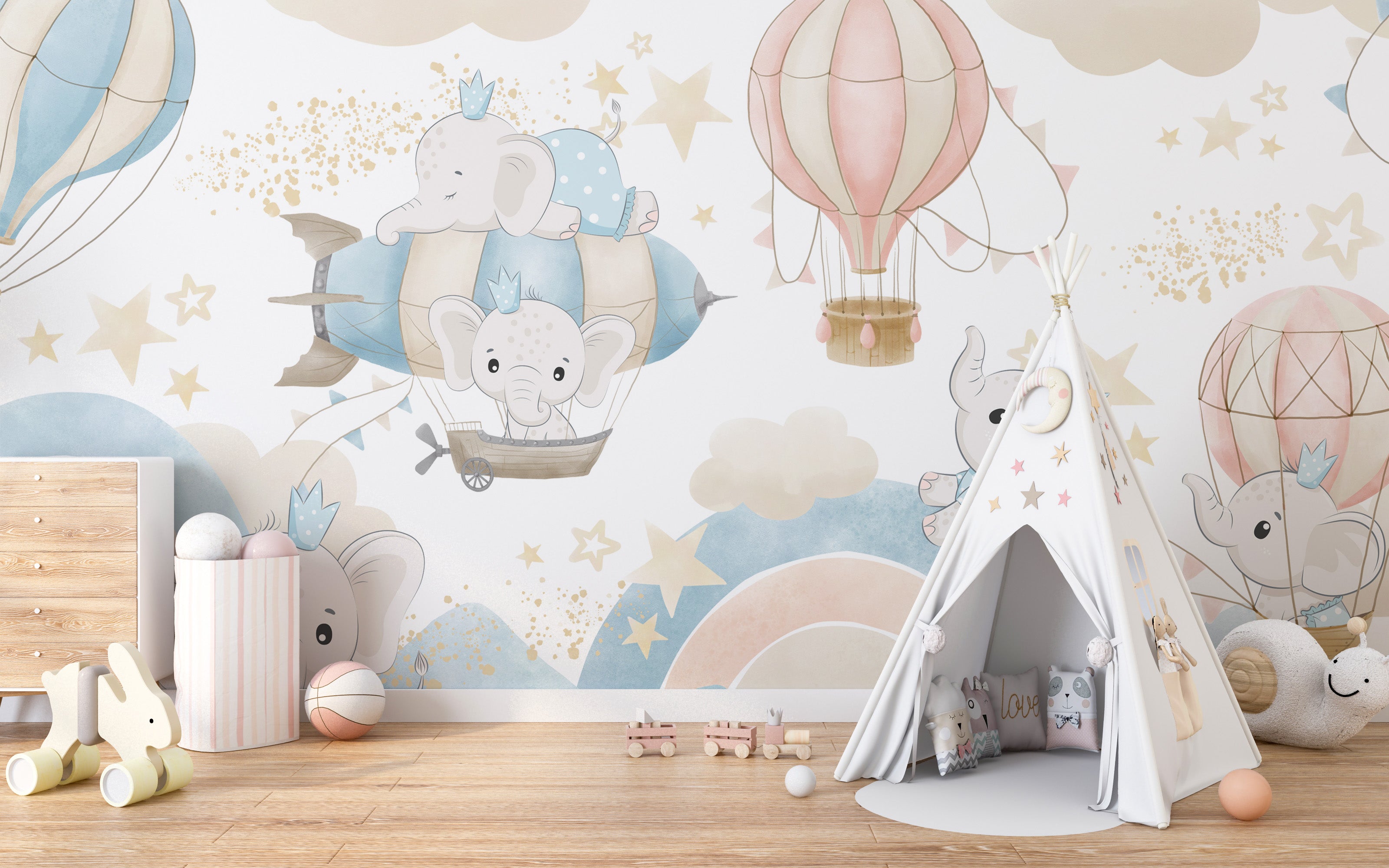 Baby Elephant Sky Adventure Mural for whimsical decor