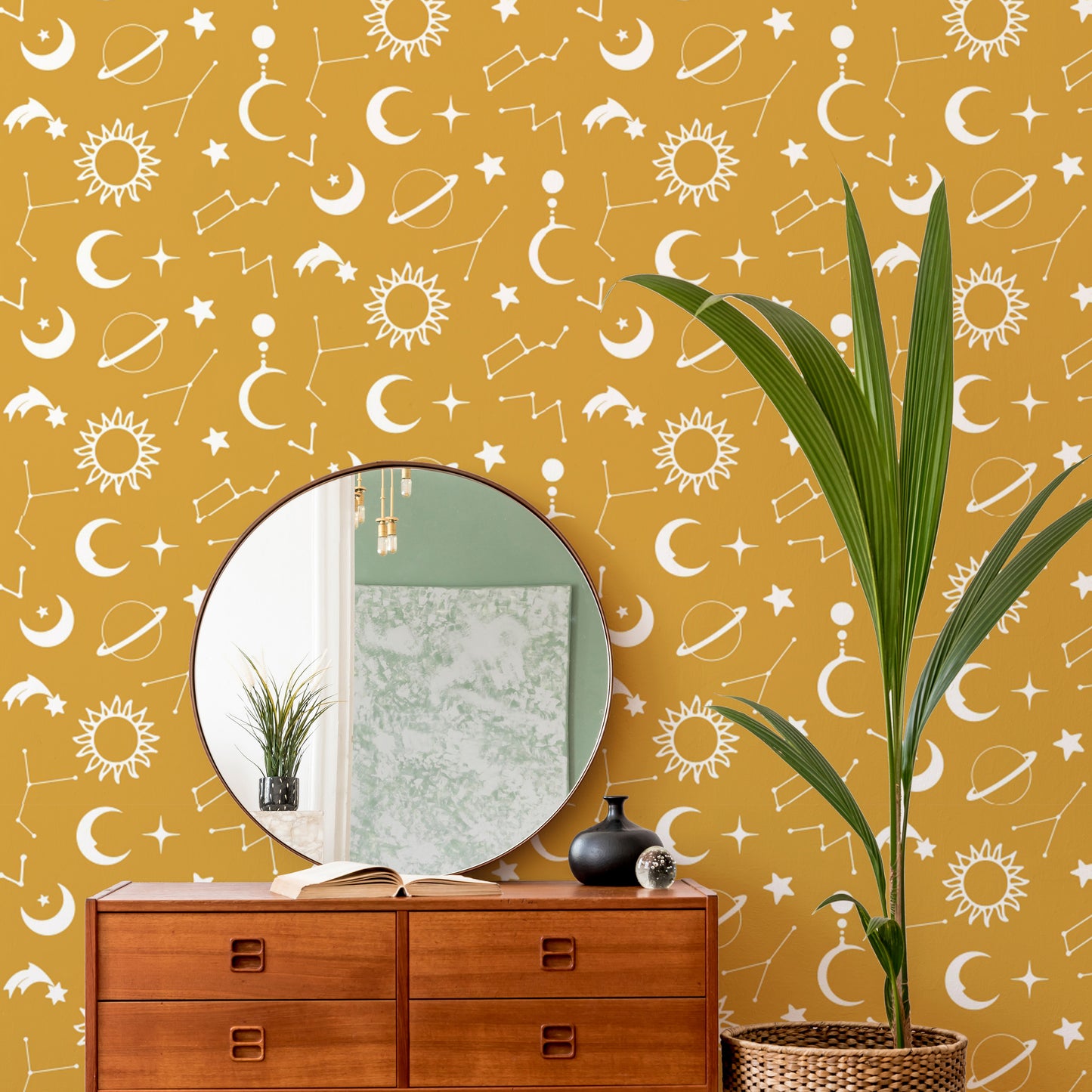 Astronomical yellow mural with dreamy details
