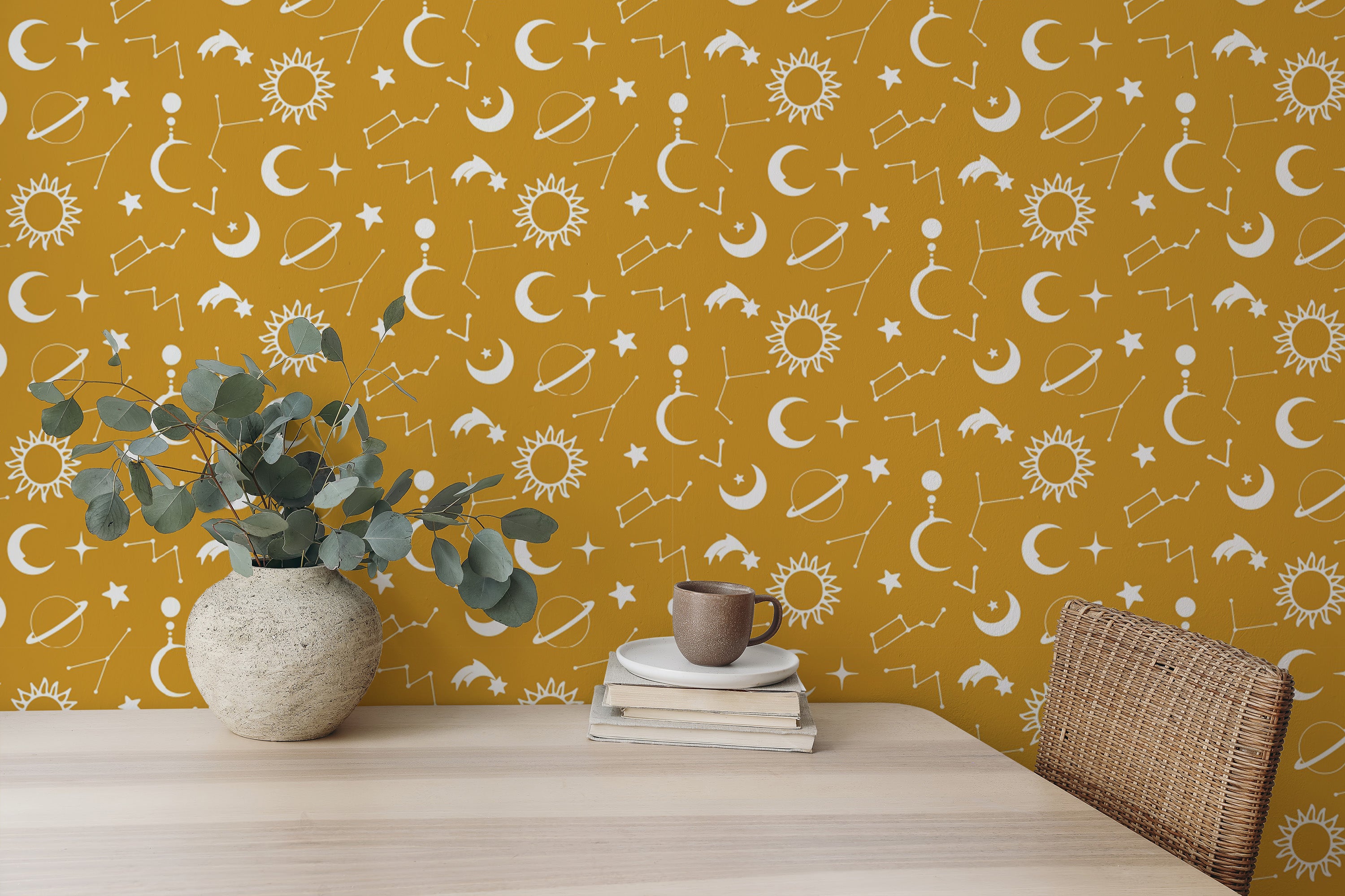 Constellation-inspired yellow wallpaper for decor
