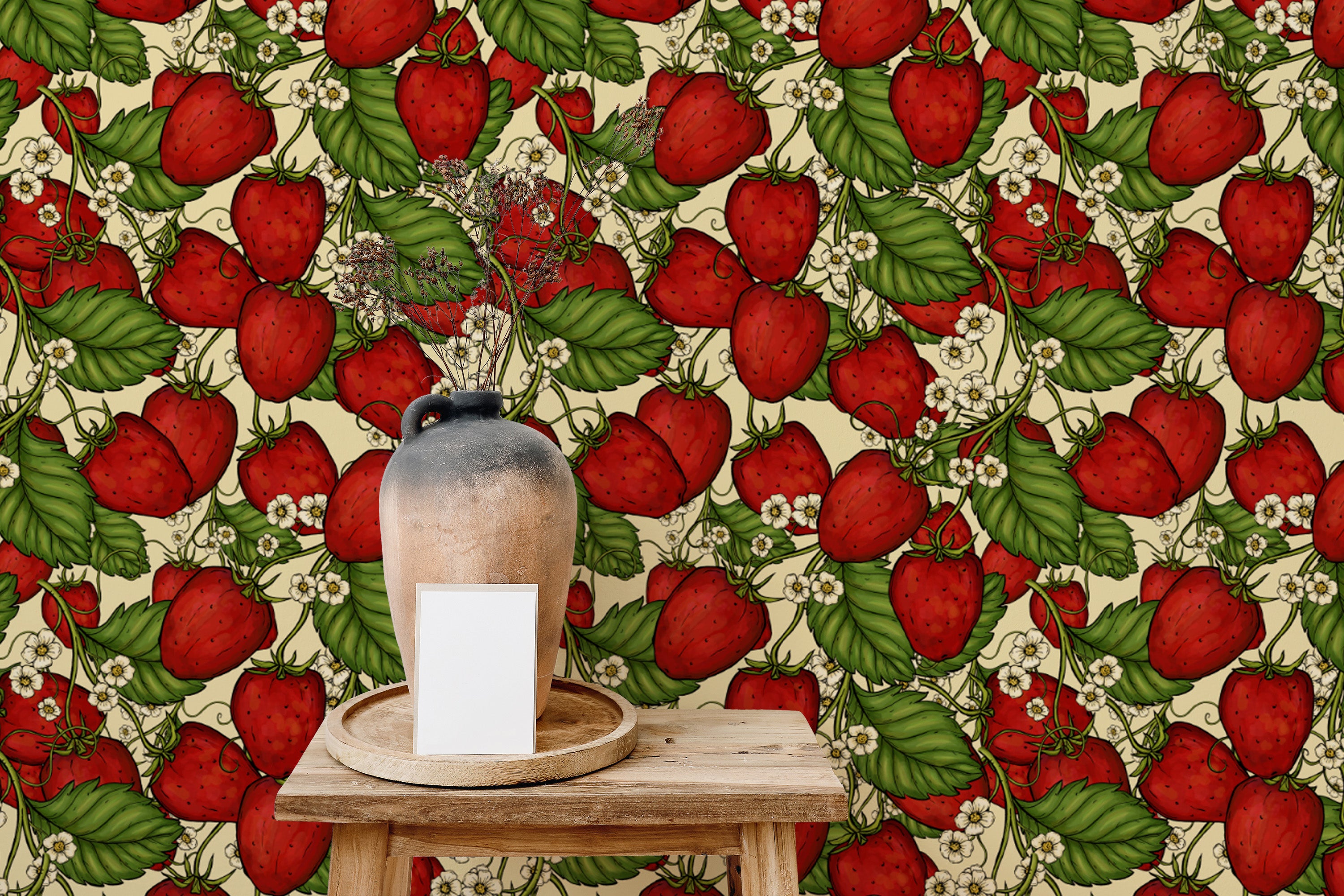 Artistic strawberry forest wallpaper in red for unique and bold decor.
