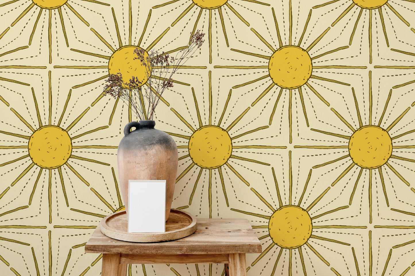 Easy-to-apply yellow sunburst peel and stick wallpaper.
