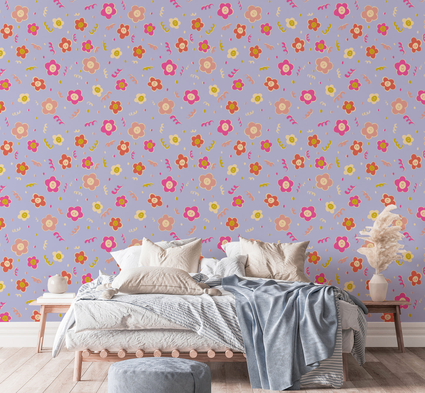 Vibrant smiley blooms wallpaper for fun and lively interiors.
