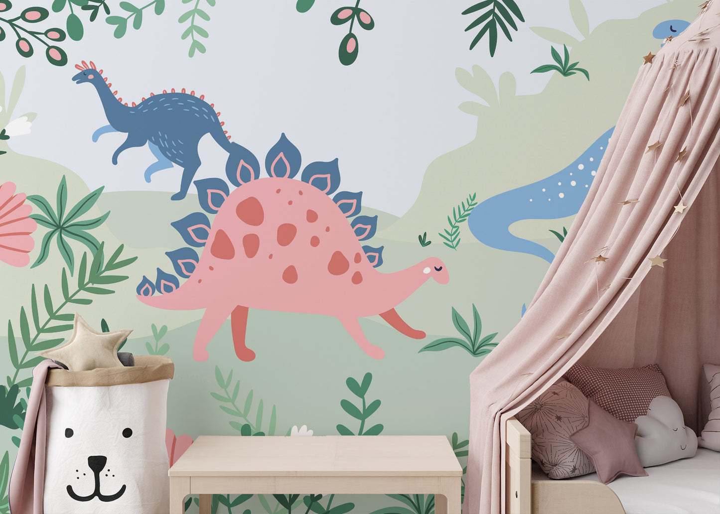 Vibrant dinosaur art completes themed kids' room decor