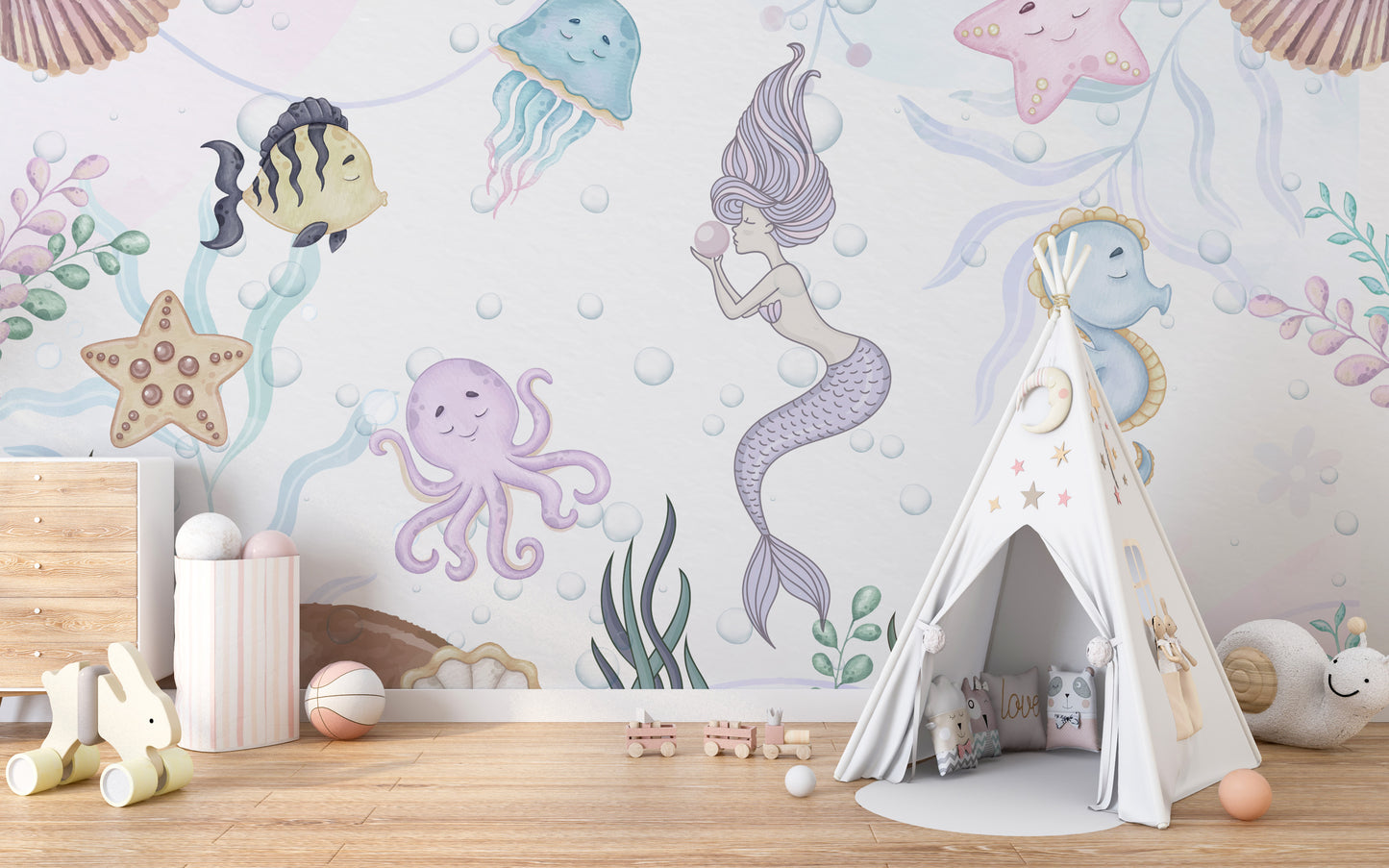 Fun aquatic playland wallpaper mural for kids' rooms