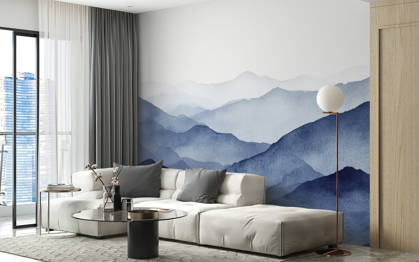 Watercolor Blue Mountain Wallpaper adds elegance to living rooms