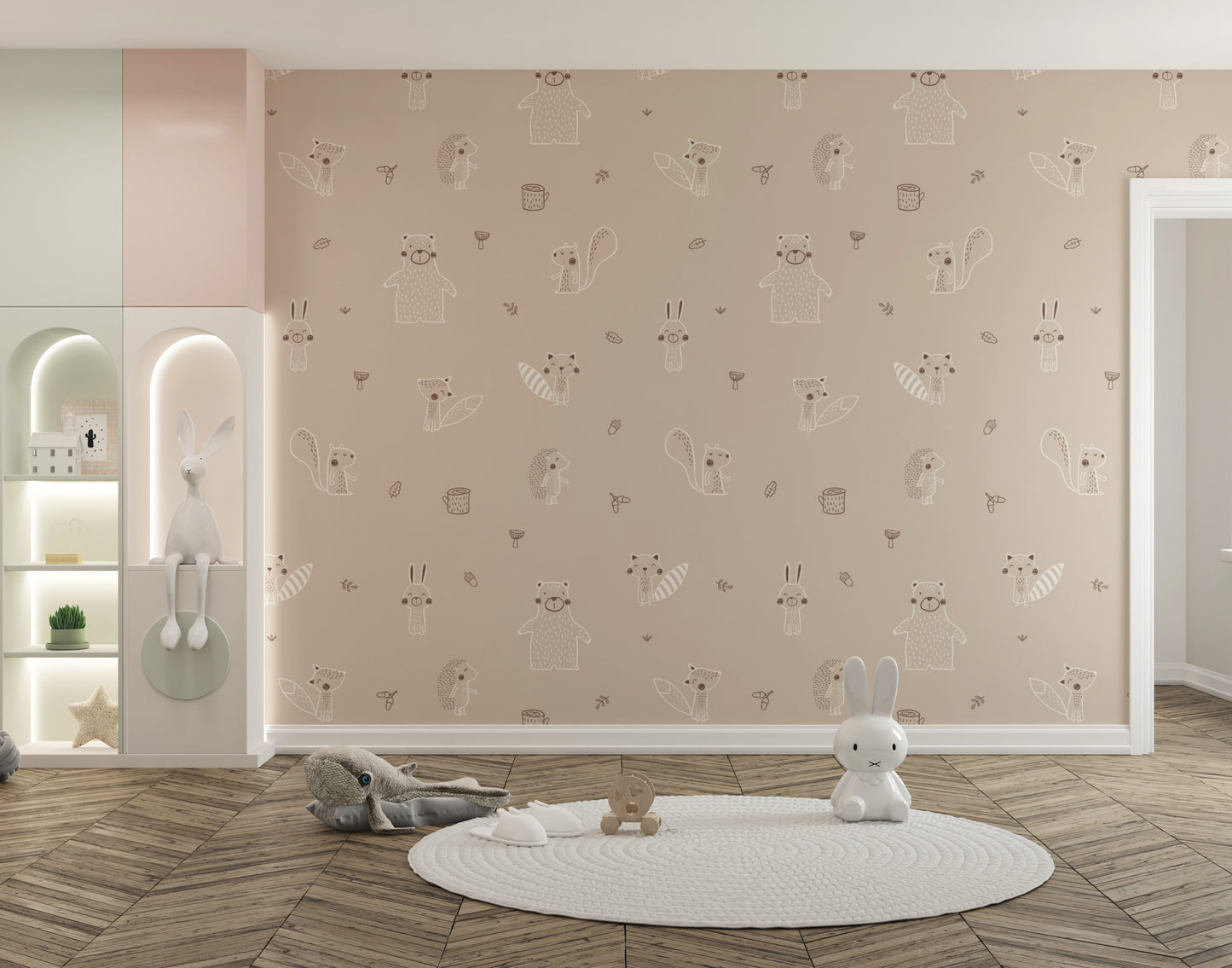 Beige baby forest friends mural with a whimsical touch.
