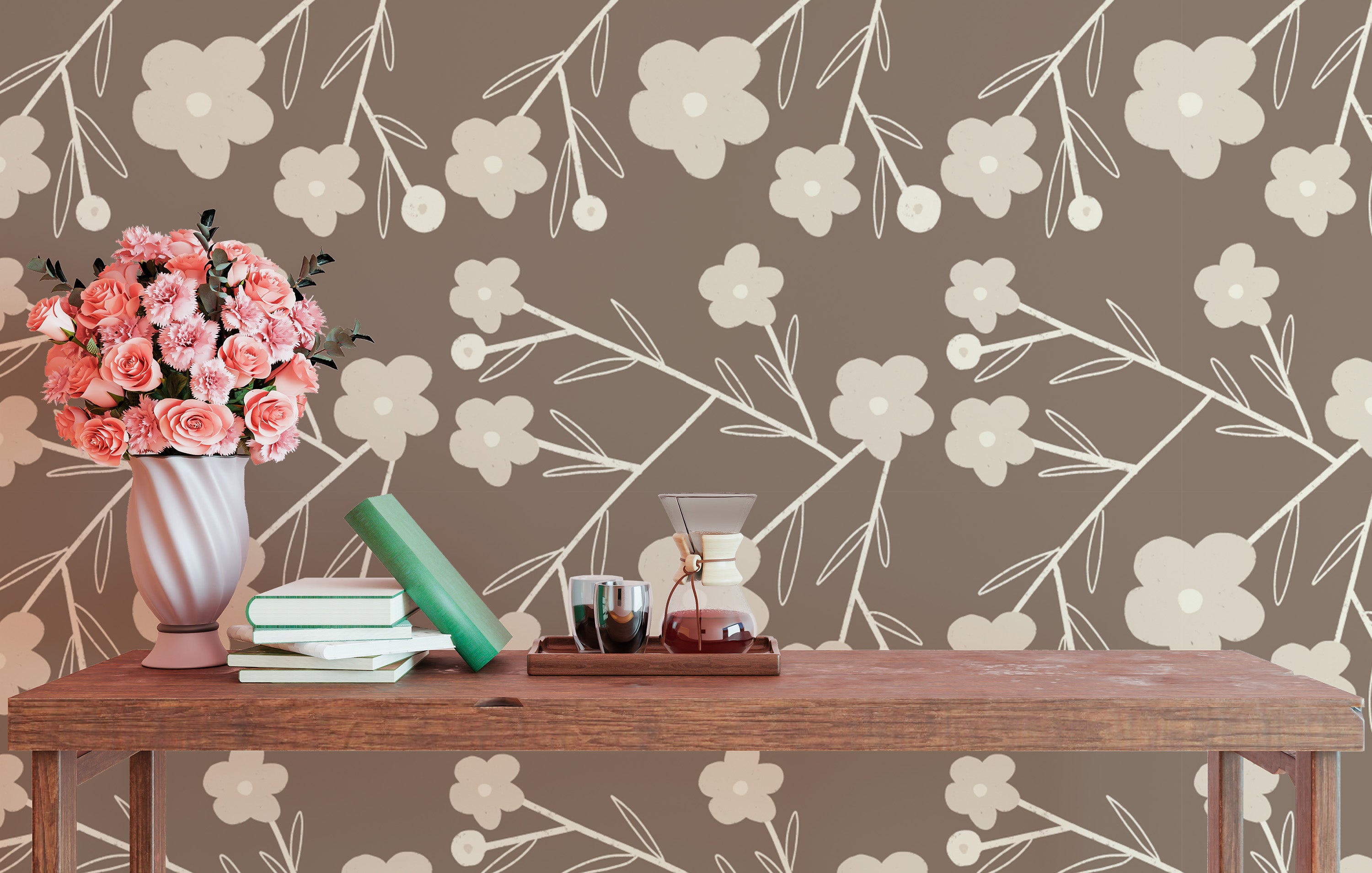 Modern Flower Buds Bush Grey Wallpaper with floral design
