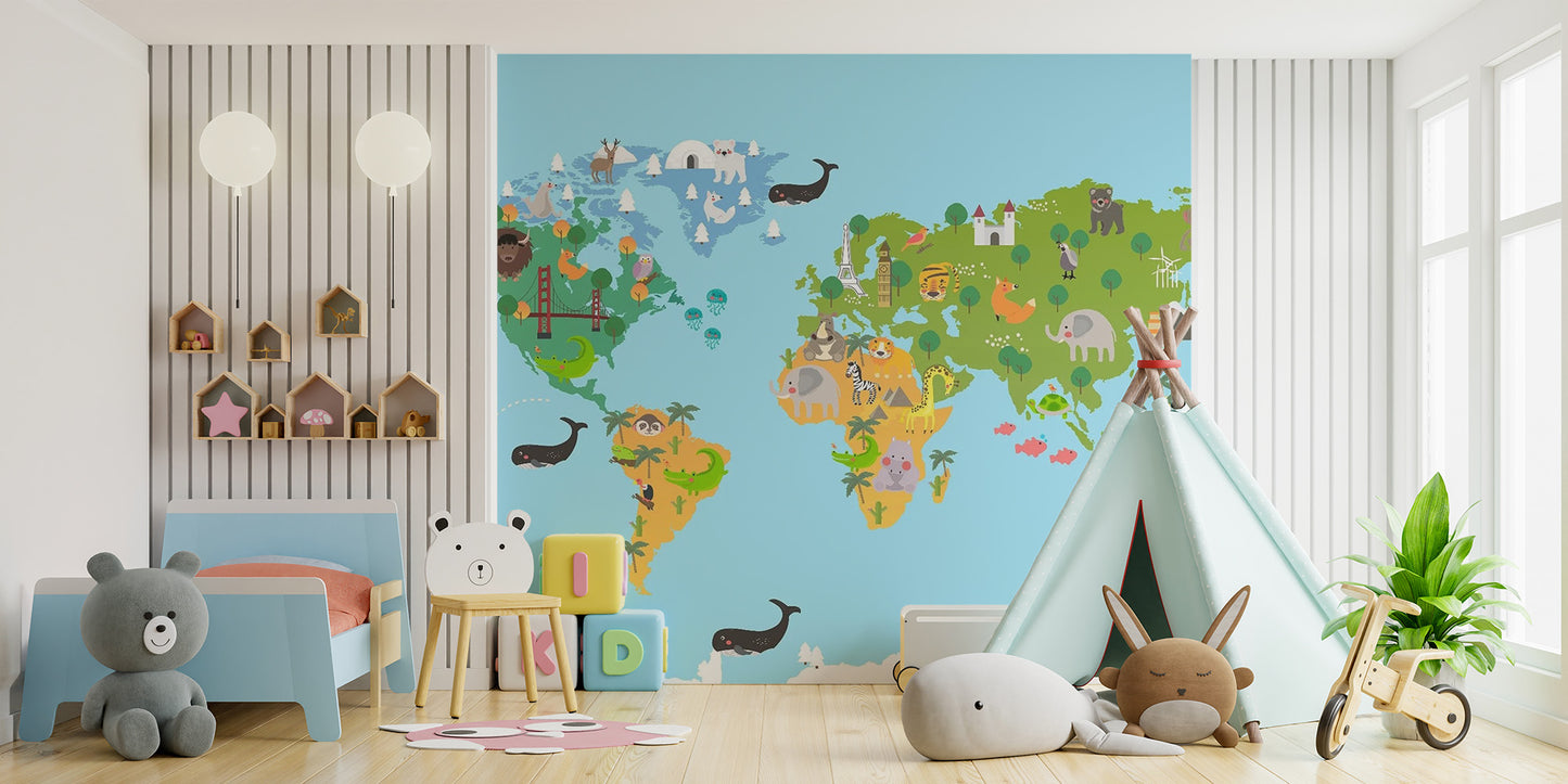 Kids World Map Animal Wallpaper Mural - Giffywalls