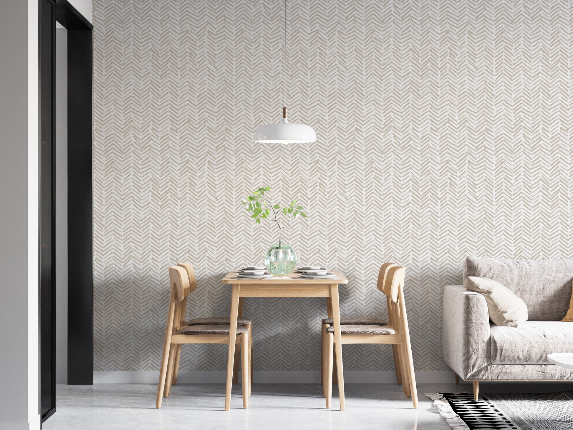 Beige herringbone pattern accent wallpaper