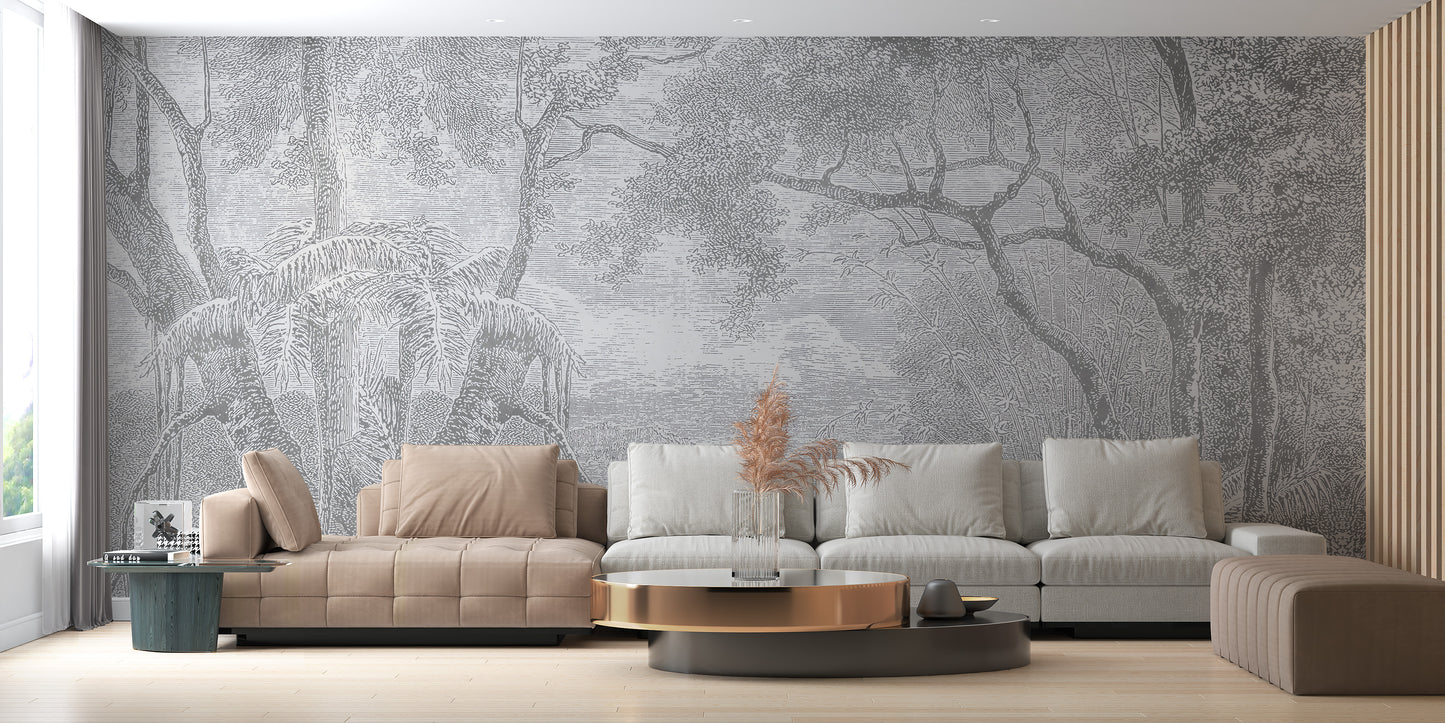 Gray Color Sketch Forest Wallpaper Murals for a Natural Look - Giffywalls