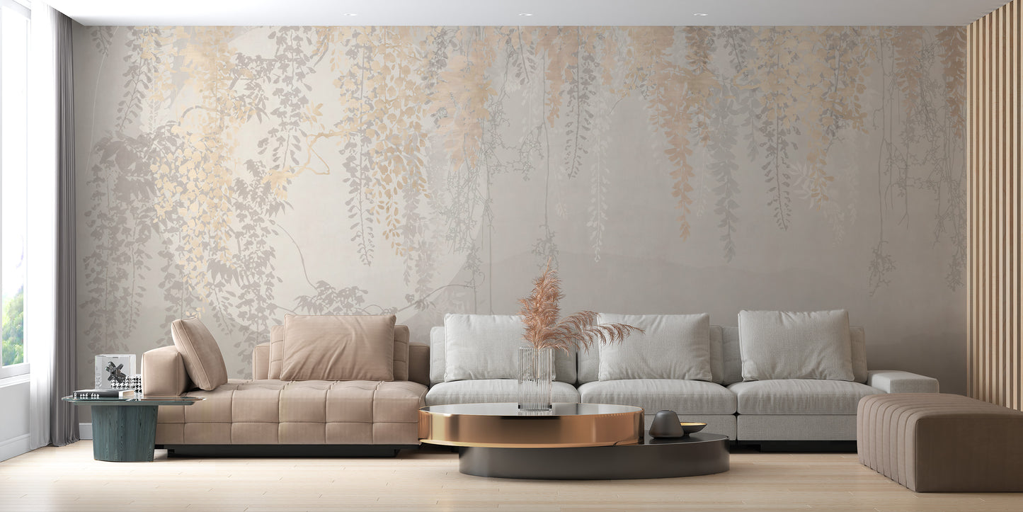 Golden and Grey Hanging Leaves Wallpaper Murals