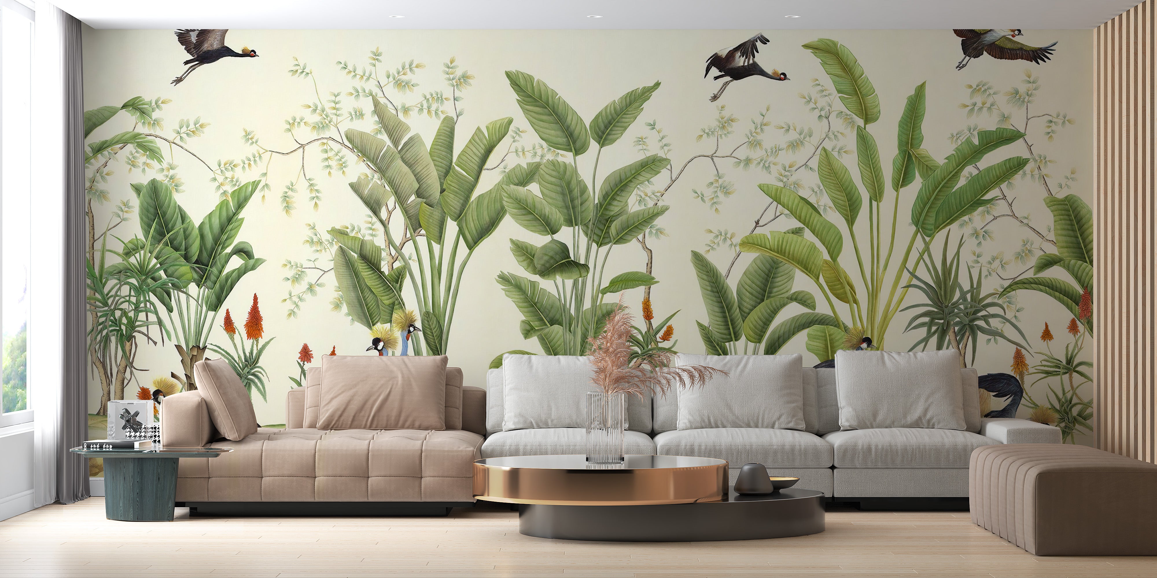 Scenic crane and tropical wallpaper tones
