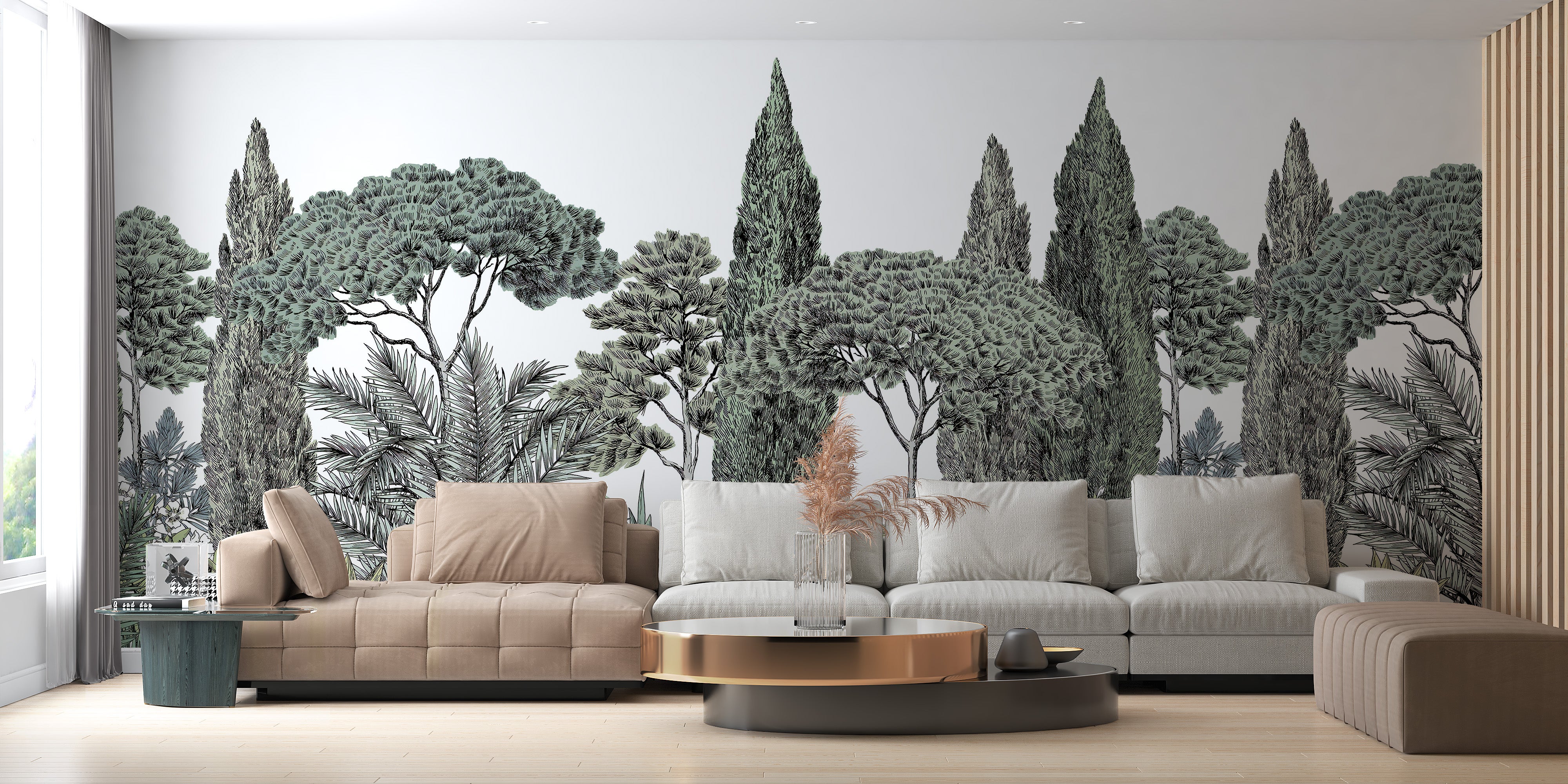 Wallpaper mural featuring lush forest greenery and garden beauty.
