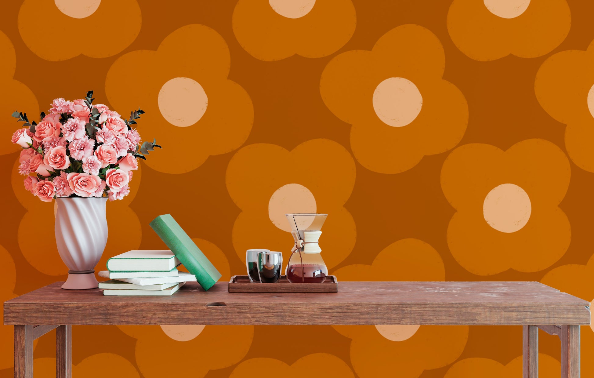 Modern daisy mural design with vibrant rust hues
