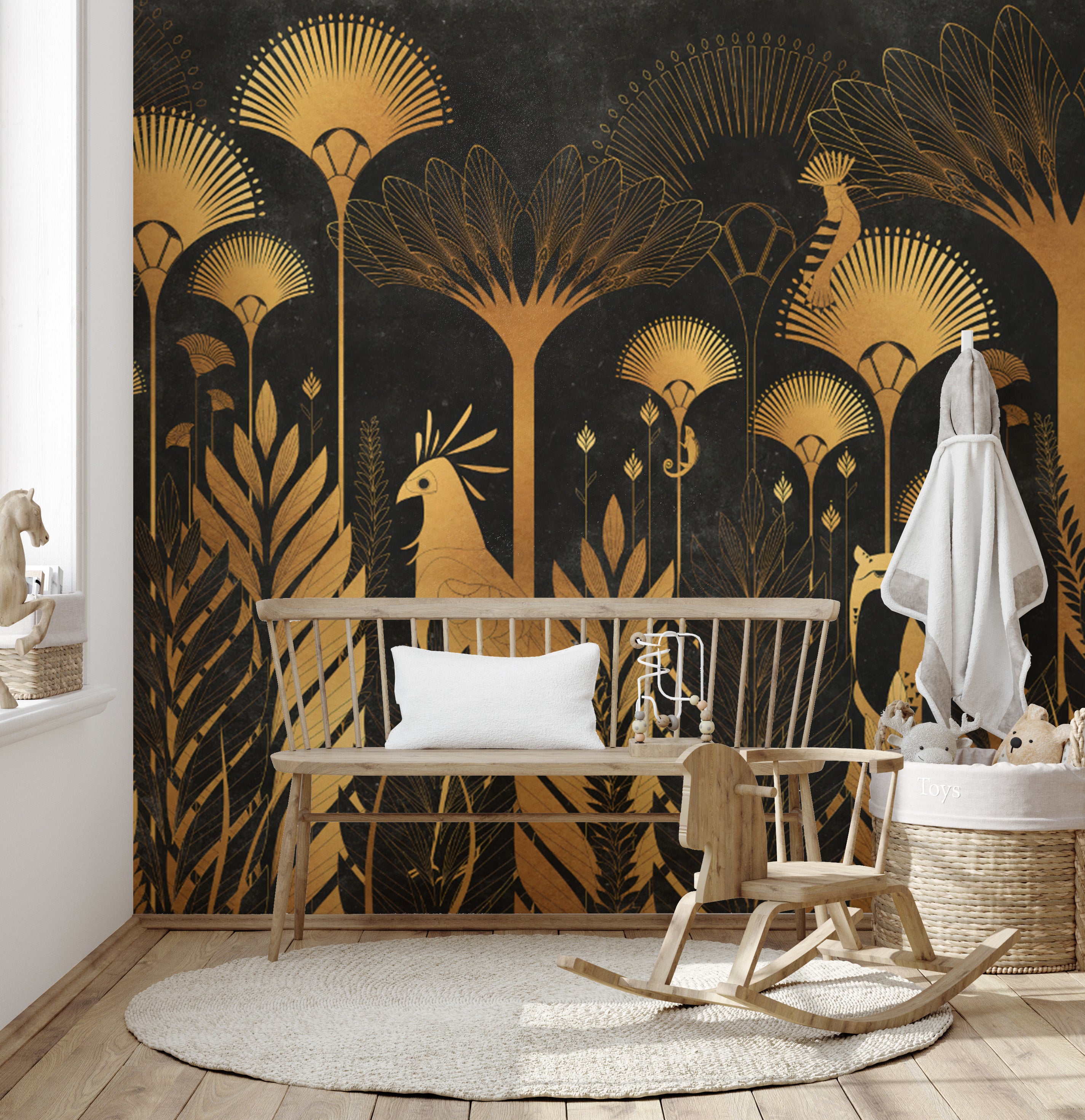 Tropical Luxurious Art Deco Jungle Wallpaper with Animals
