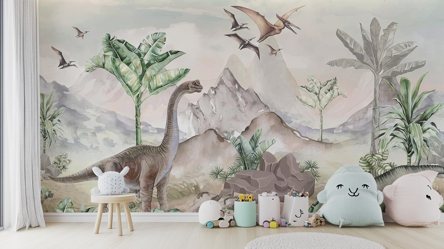 Colorful dinosaur wall mural for a playful kids' room.