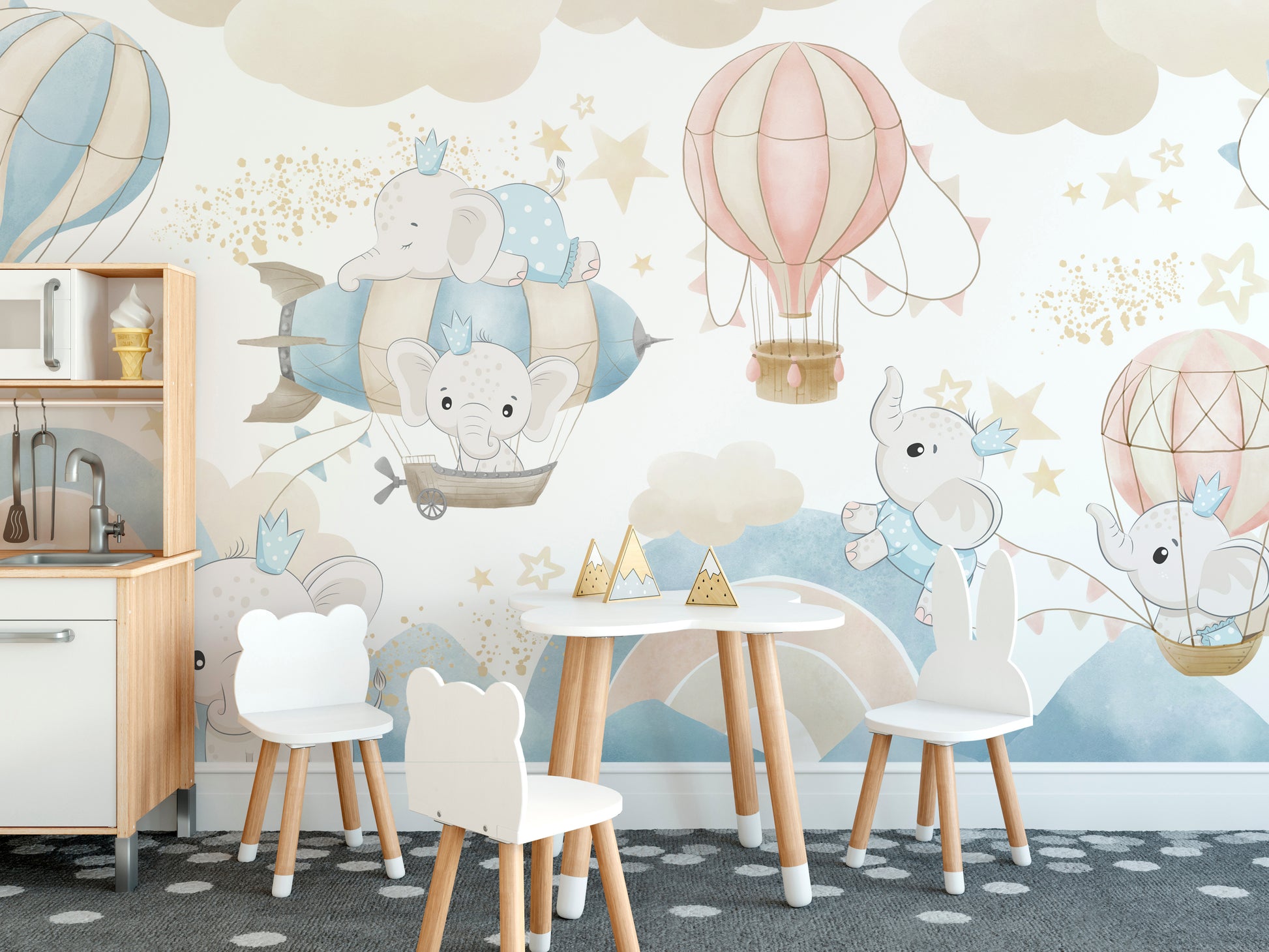 Baby Elephant Sky Adventure Mural with sky elements