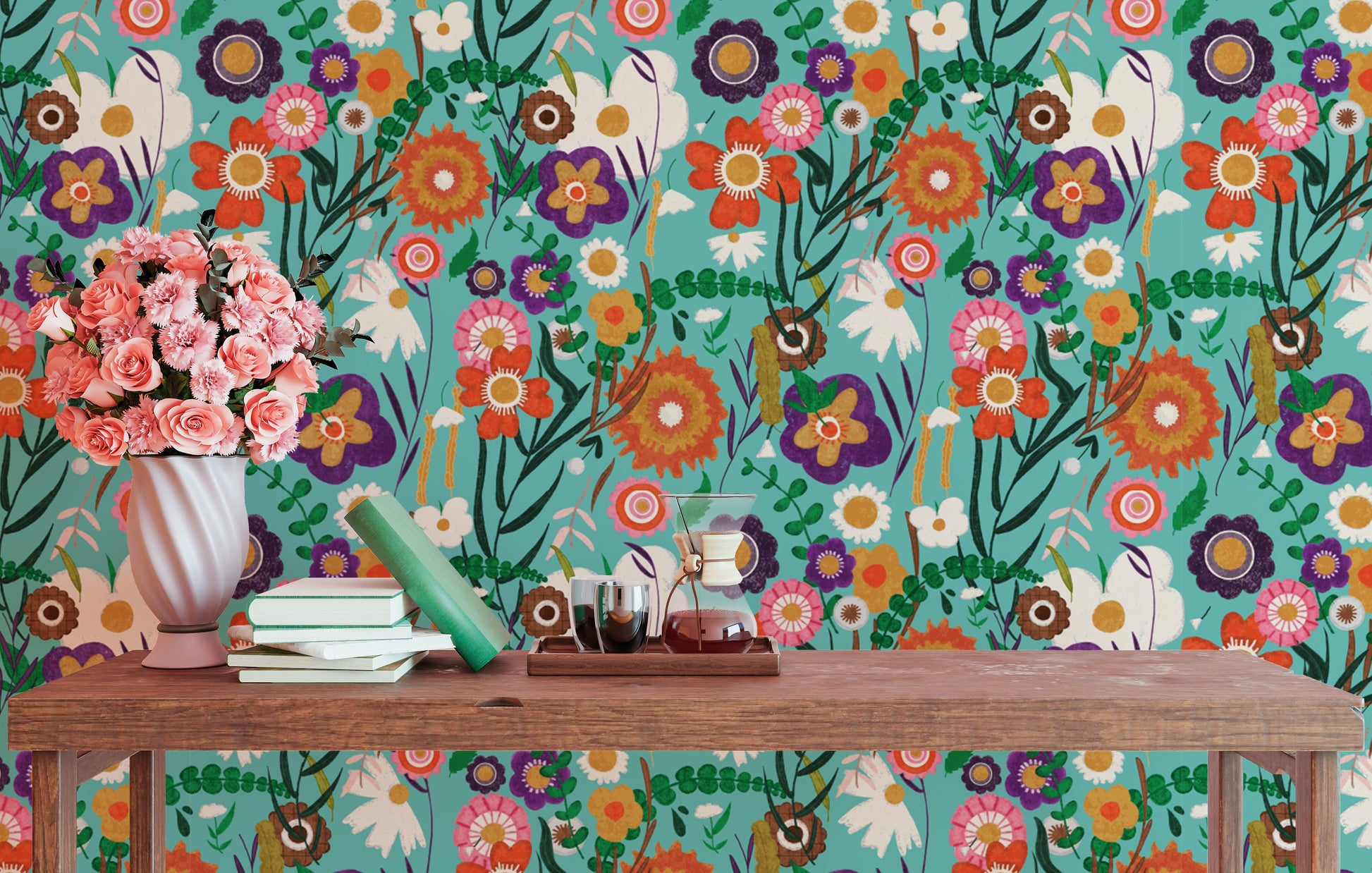 Cheerful blue wallpaper with vibrant florals
