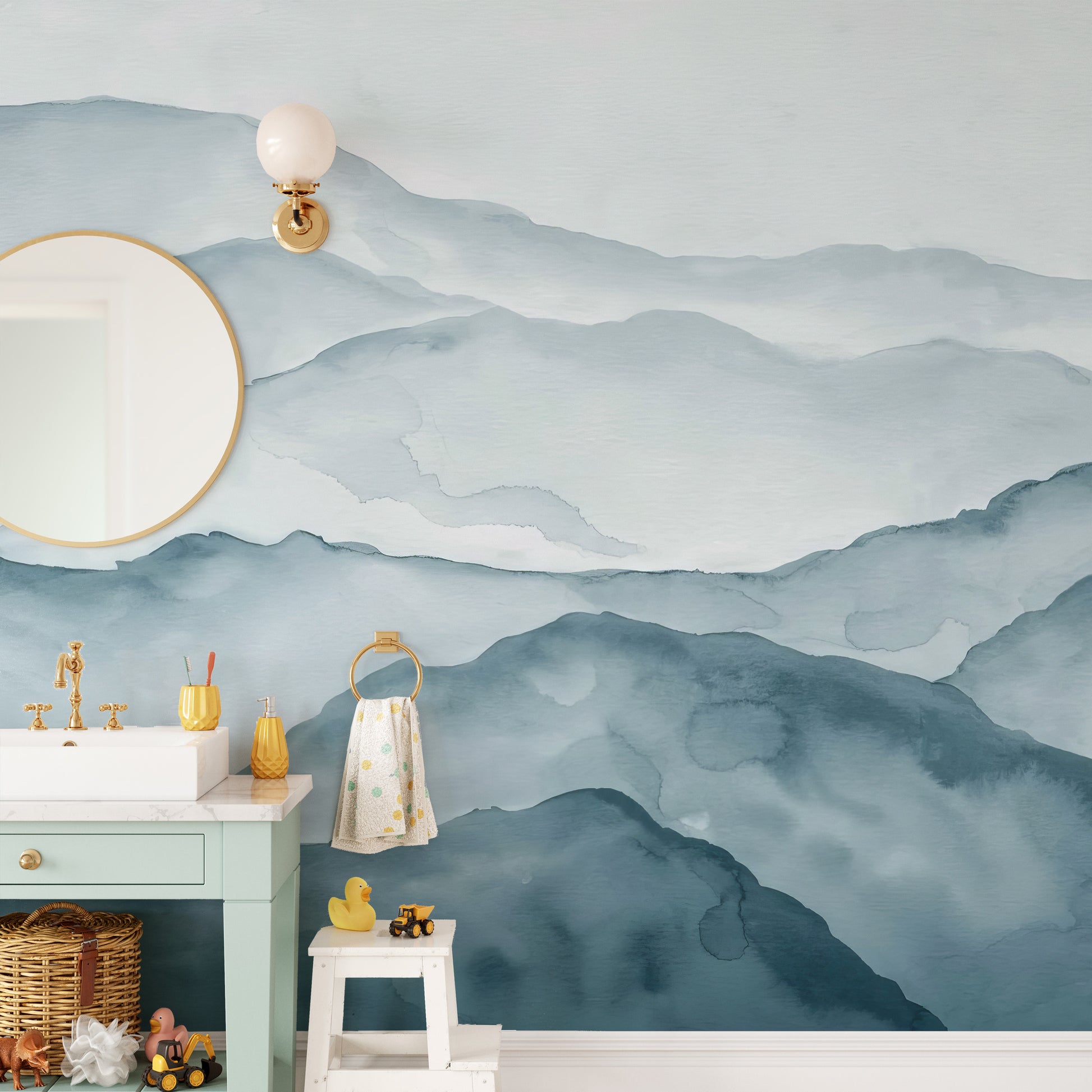 Transform your bathroom with calming Blue Mountain Wallpaper