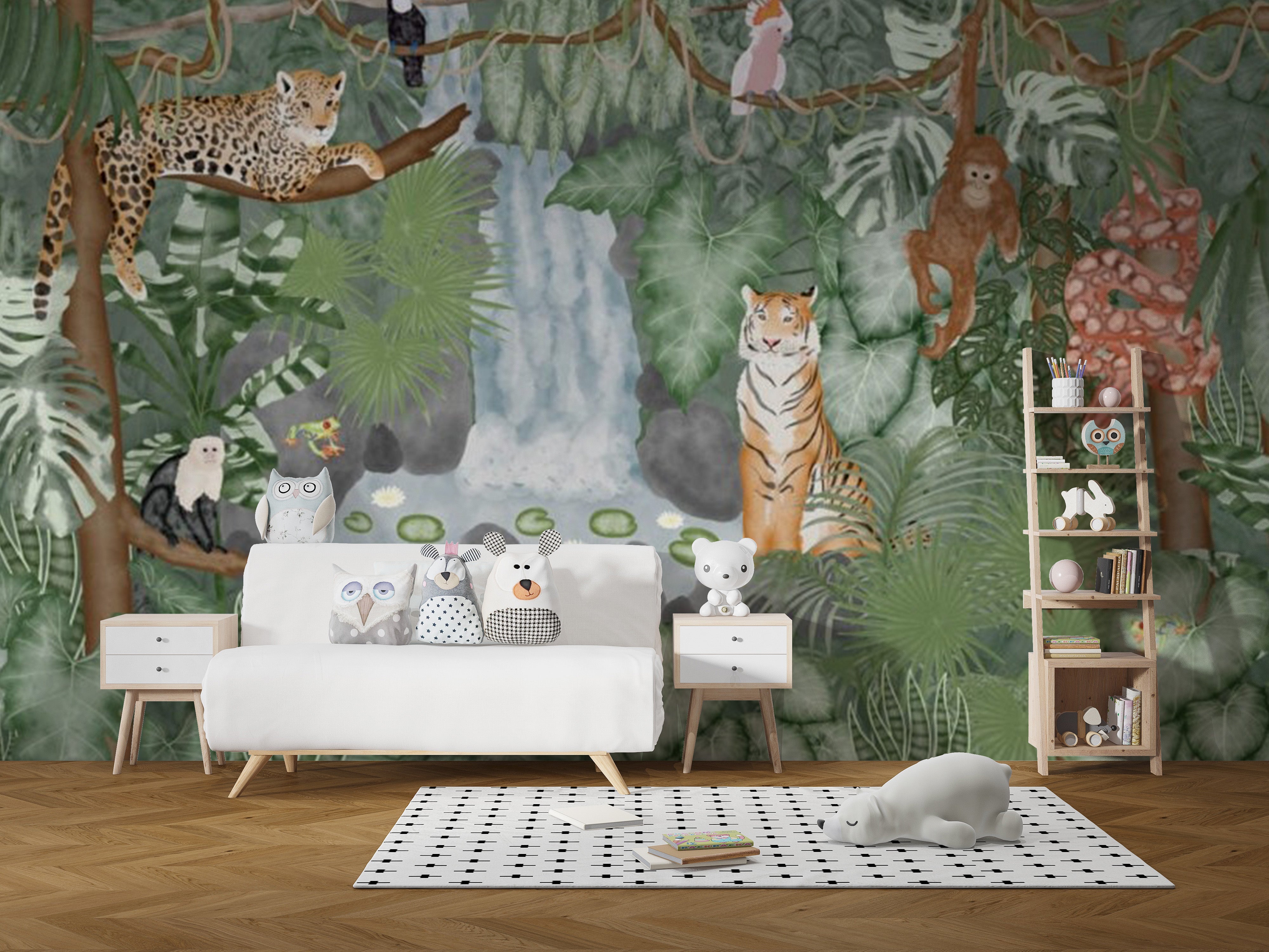 Lush tropical fauna fantasy fresco mural for walls