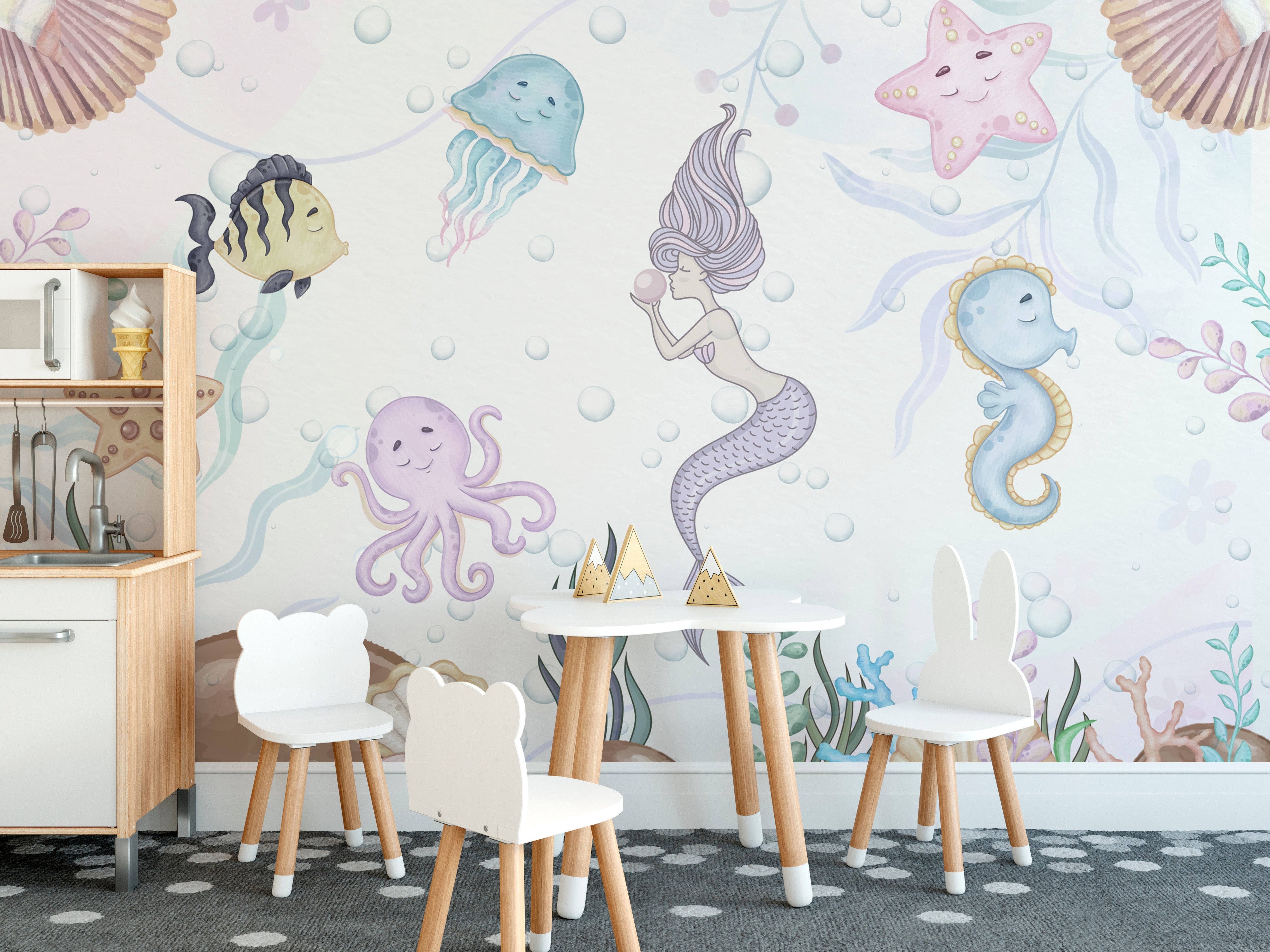 Colorful aquatic playland mural featuring underwater creatures