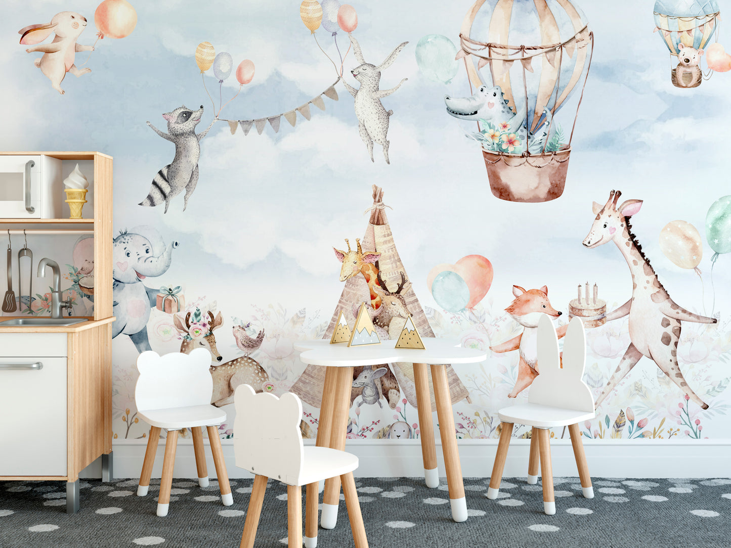 Balloons over a serene blossom valley wallpaper mural art.
