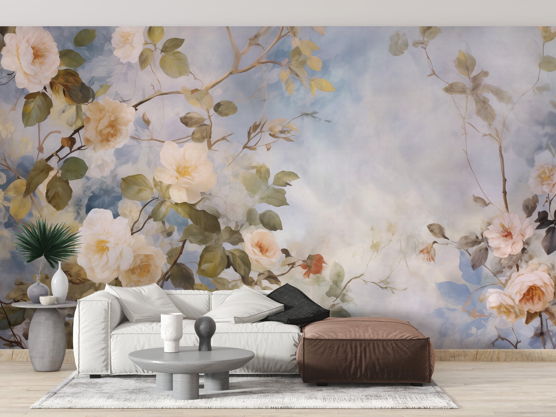 White roses blue sky wallpaper murals for a serene, nature-inspired room.
