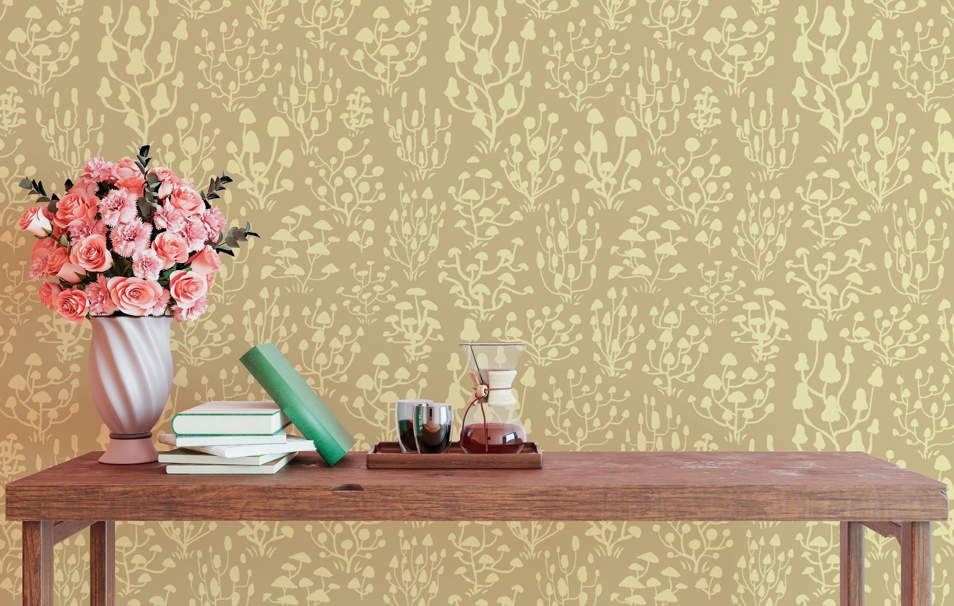 Sophisticated ditsy mushrooms yellow wallpaper for modern decor.
