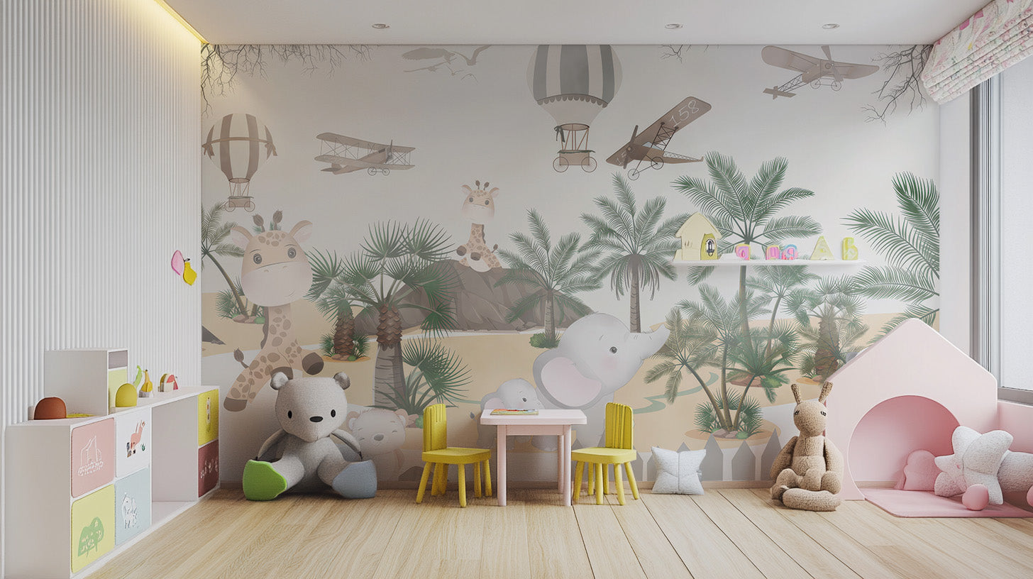 Playful animal mural for children space
