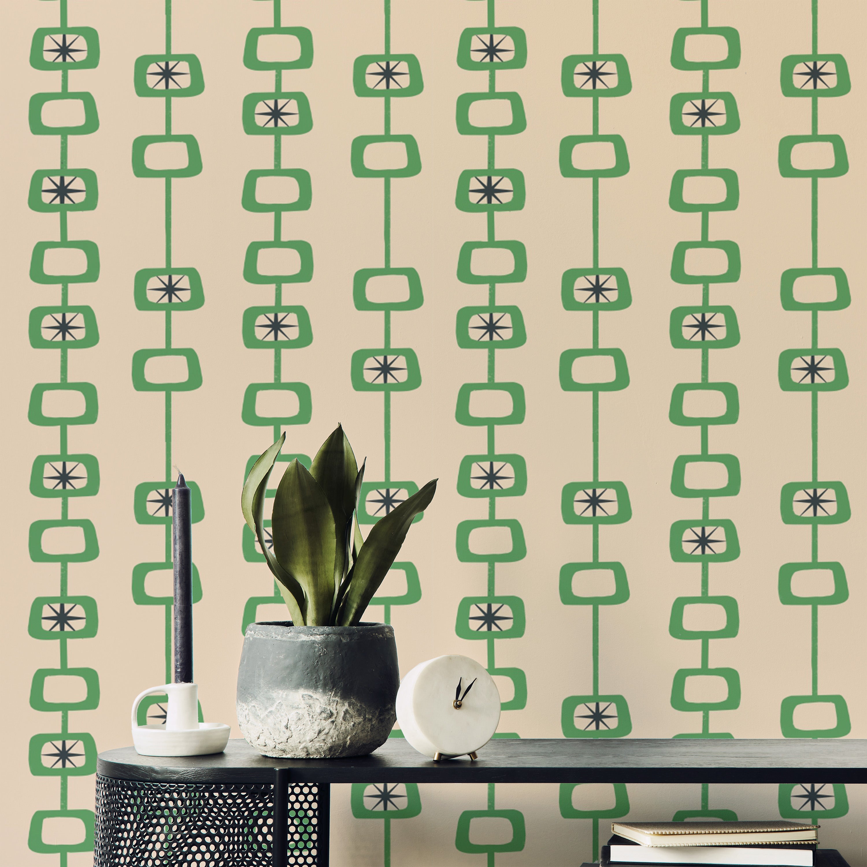 Modern Green Linen Mid Century Atomic Orbs Wallpaper
