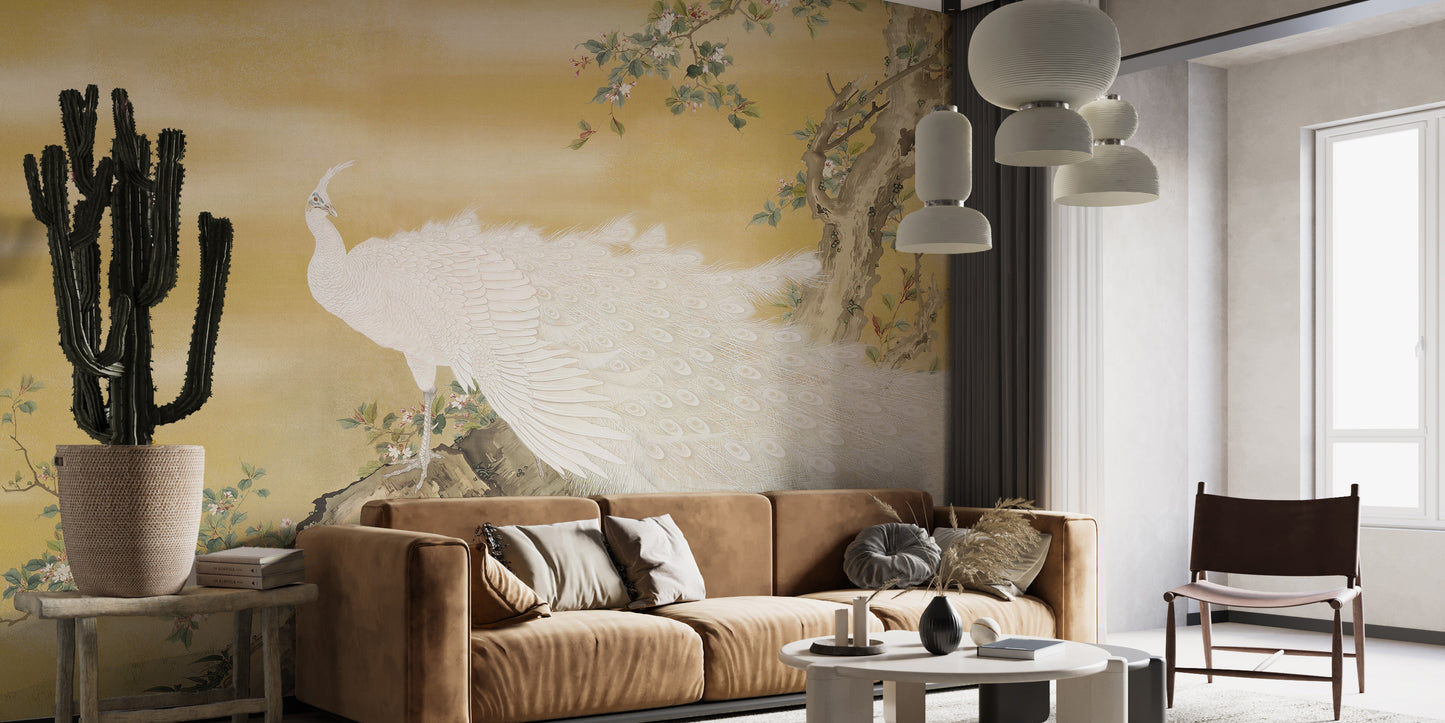 White Peafowl Sitting Rock Wallpaper Murals