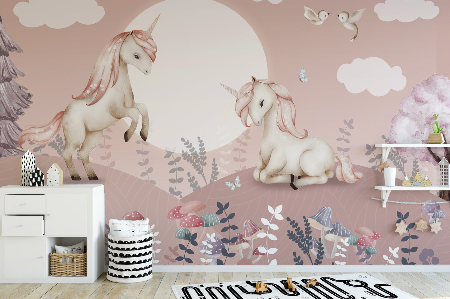 Dreamy pink Pegasus mural perfect for a girls' bedroom
