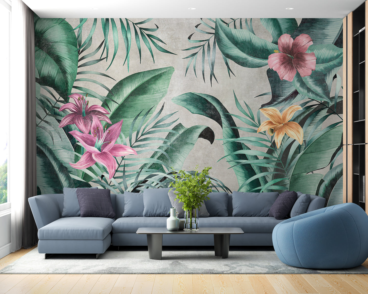 Rustic Floral Large Green Leaves Wallpaper Mural