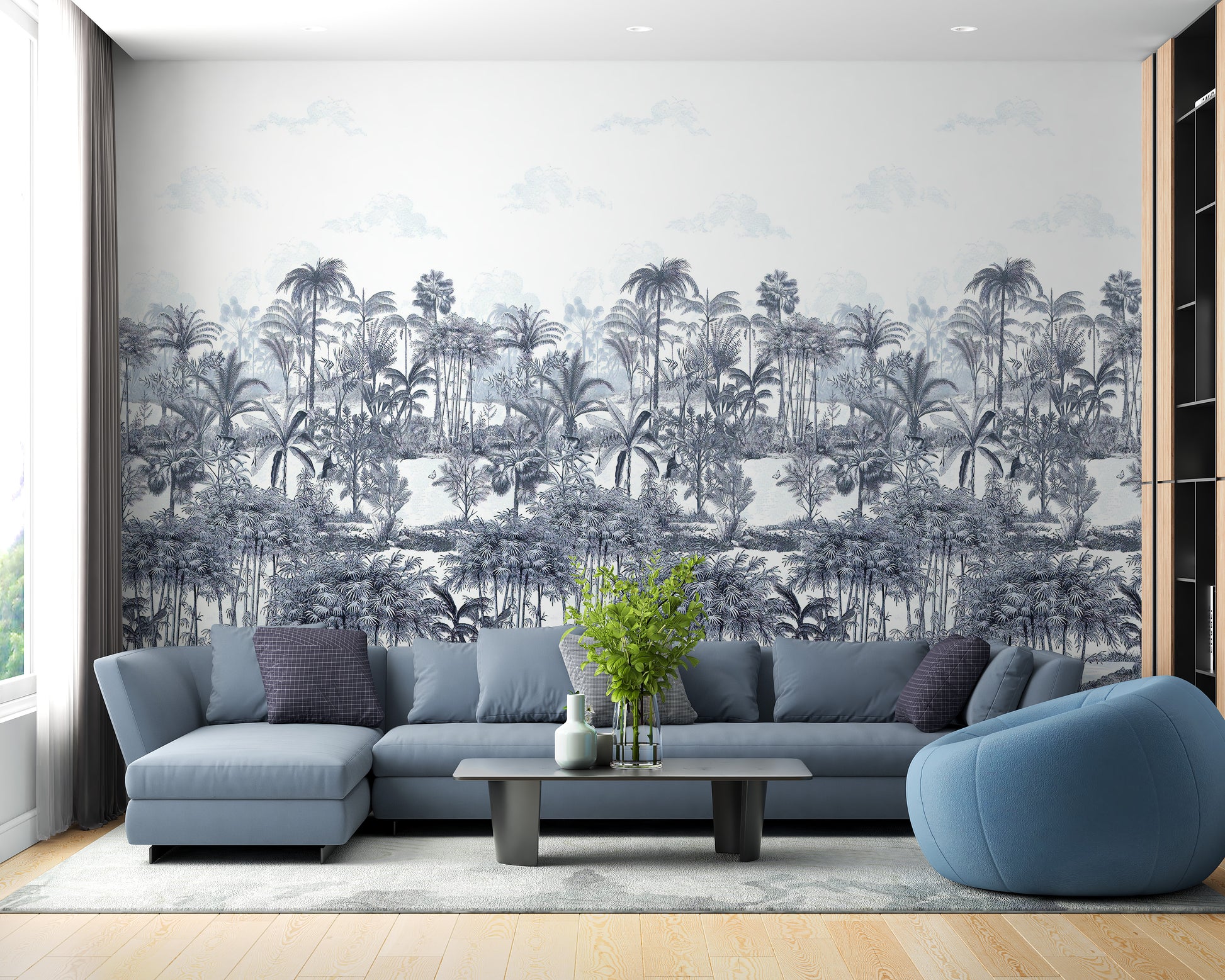 Serene blue palm trees wallpaper mural design
