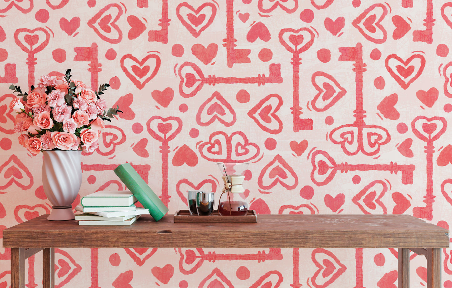 Romantic pink wallpaper with hearts and keys
