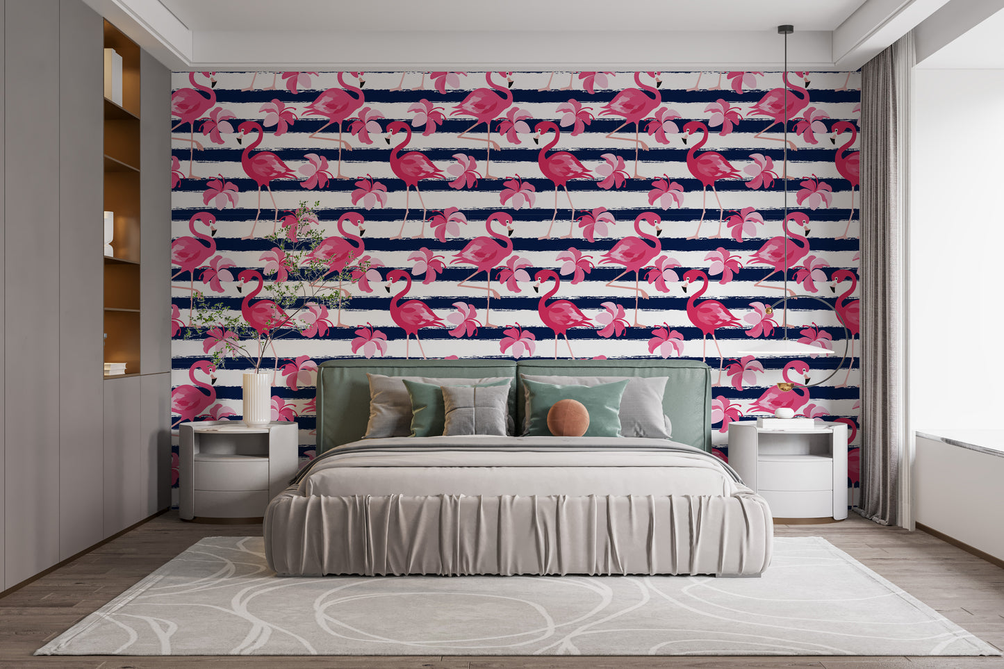 Blue Stripes & Pink Flamingo Wallpaper - Giffywalls