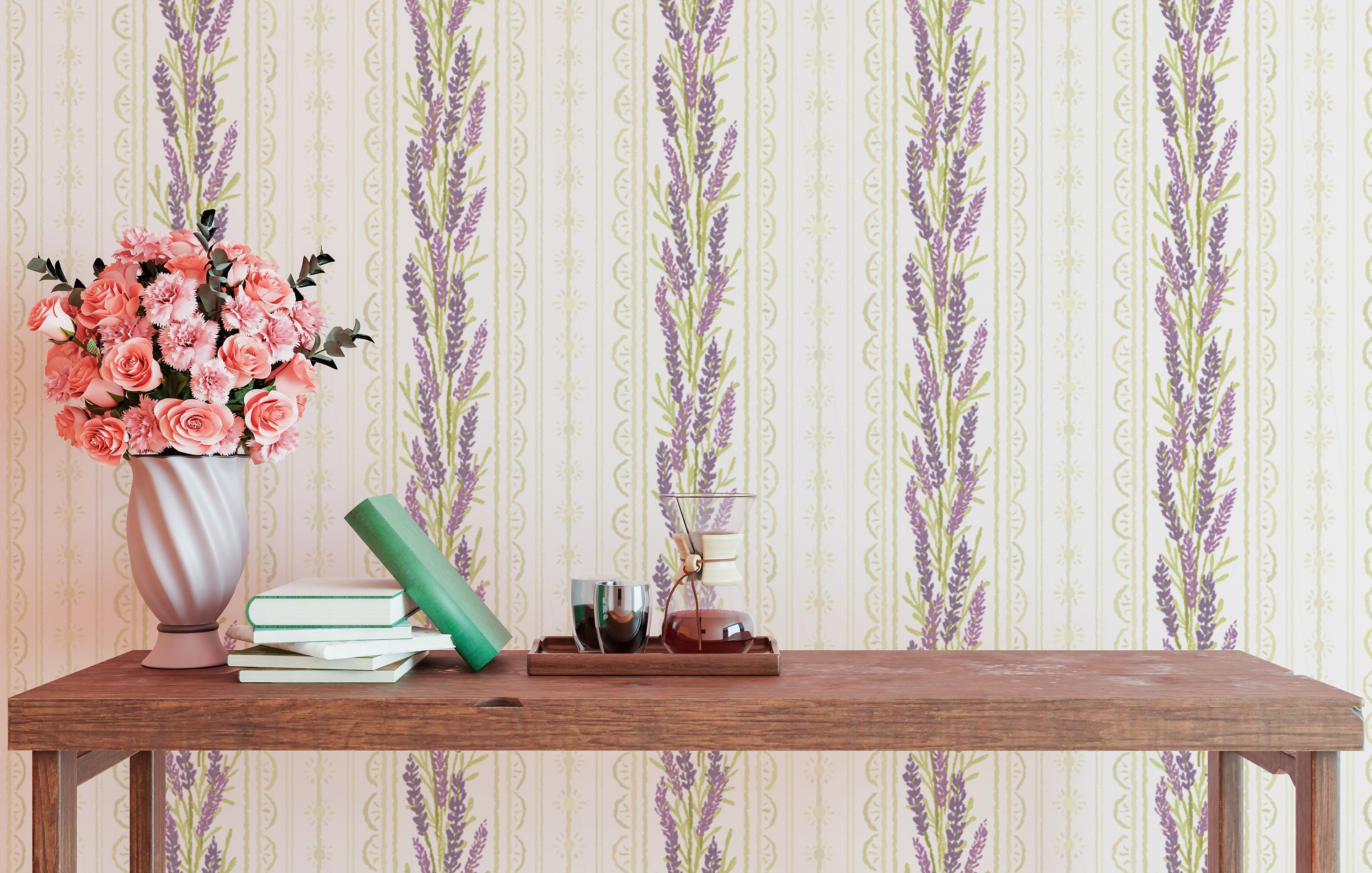 Vertical lavender accents on delicate wallpaper
