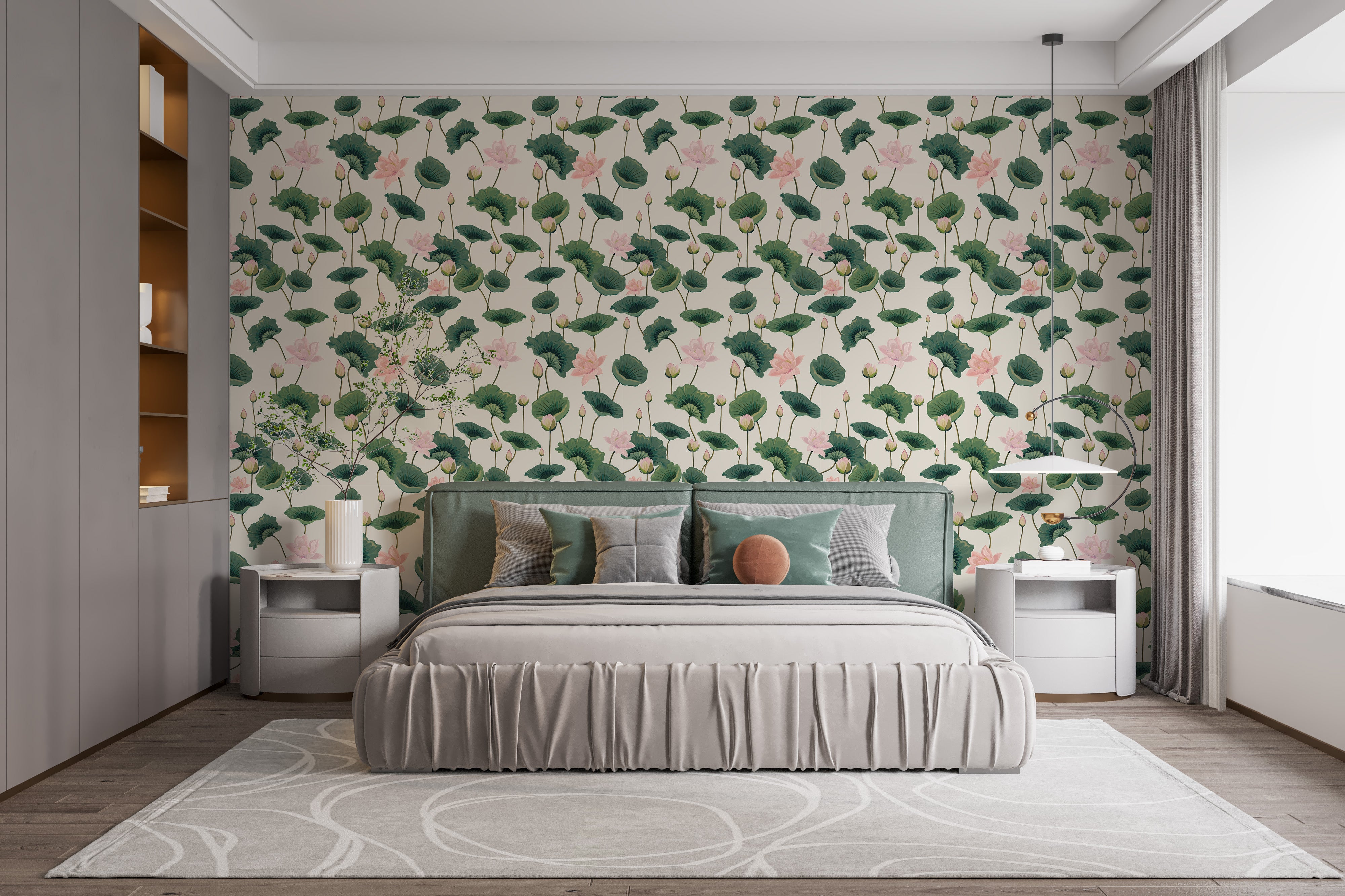 Pink floral wallpaper with green foliage
