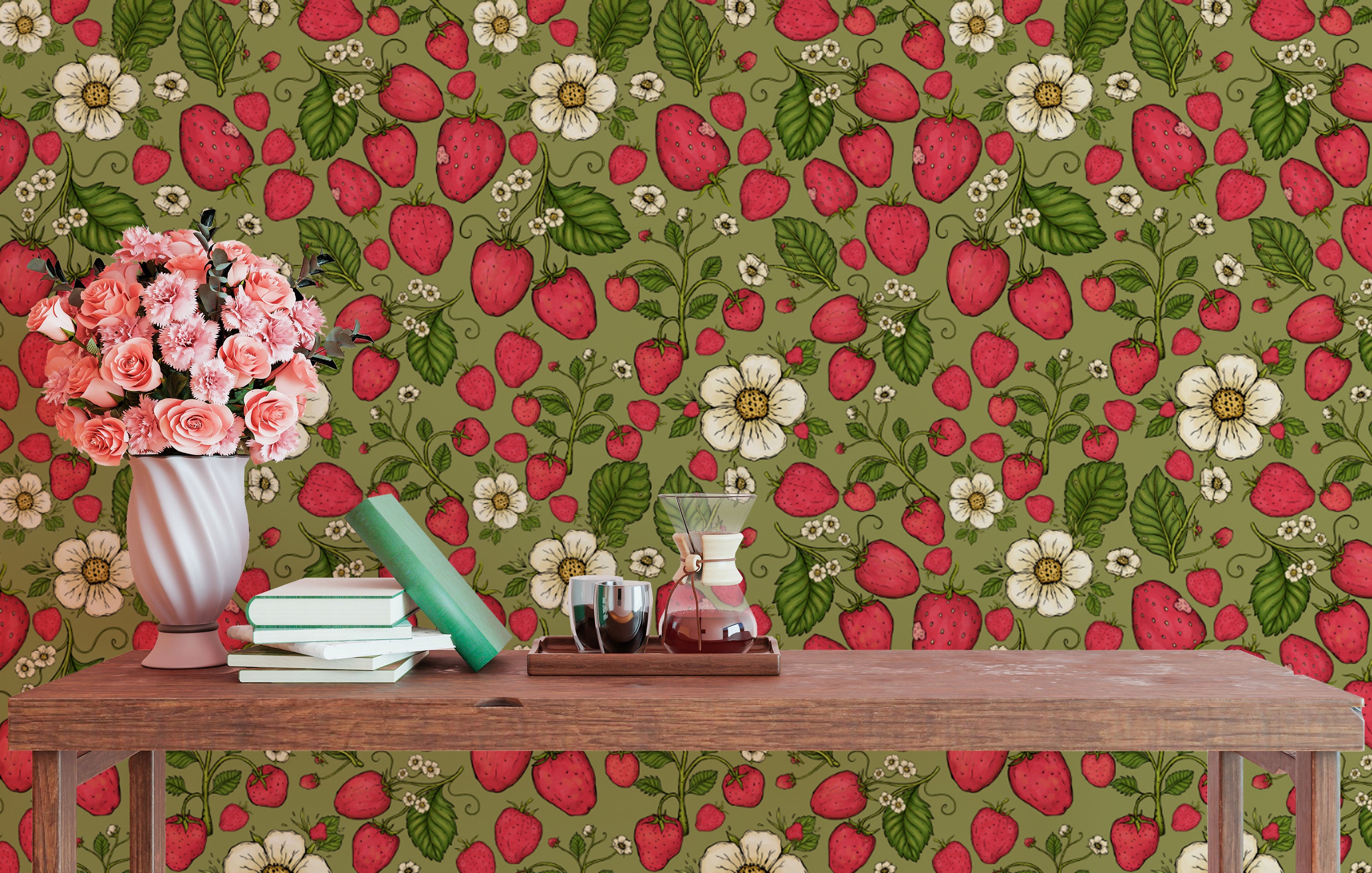 Playful strawberry patch pink on green wallpaper for kitchens.
