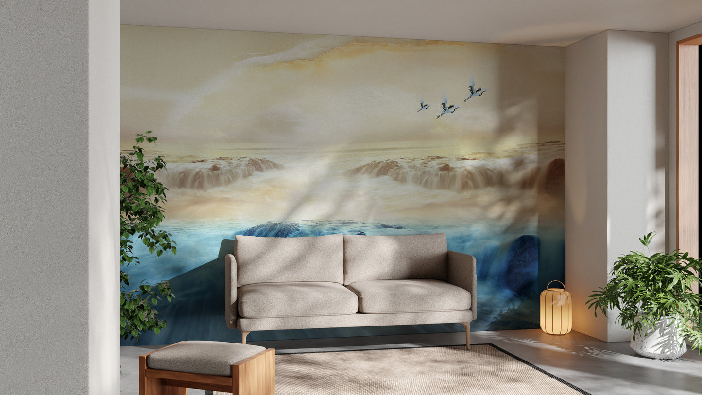 Nature-inspired mural with mountains, cranes, sun, and sky design.
