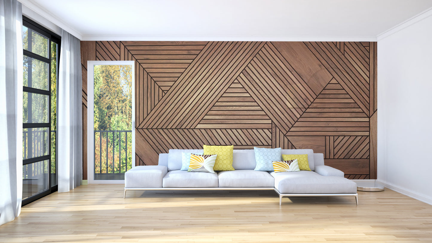 Wallpaper mural featuring geometric wooden patterns
