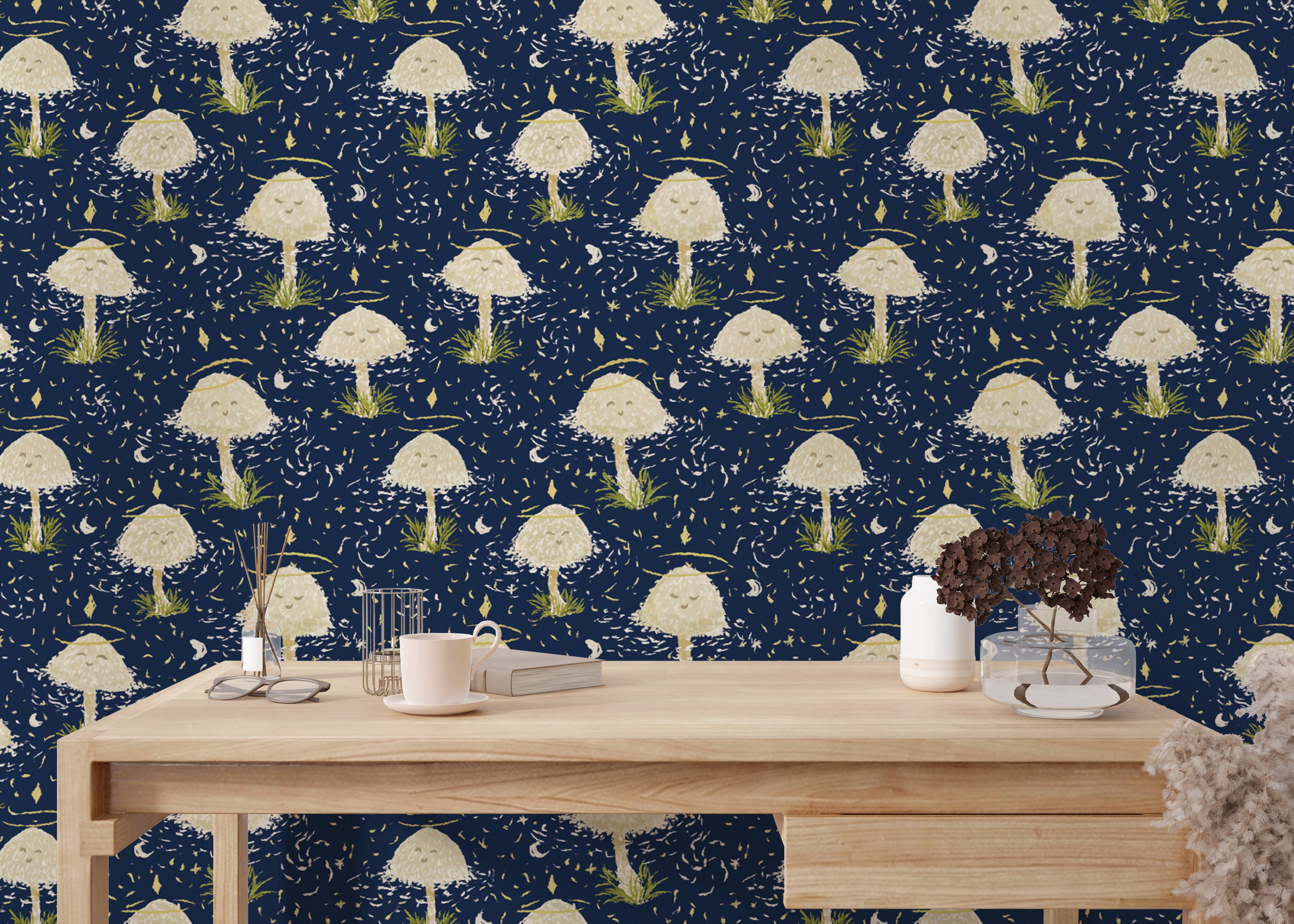 Whimsical dancing mushrooms wallpaper for playful interiors.
