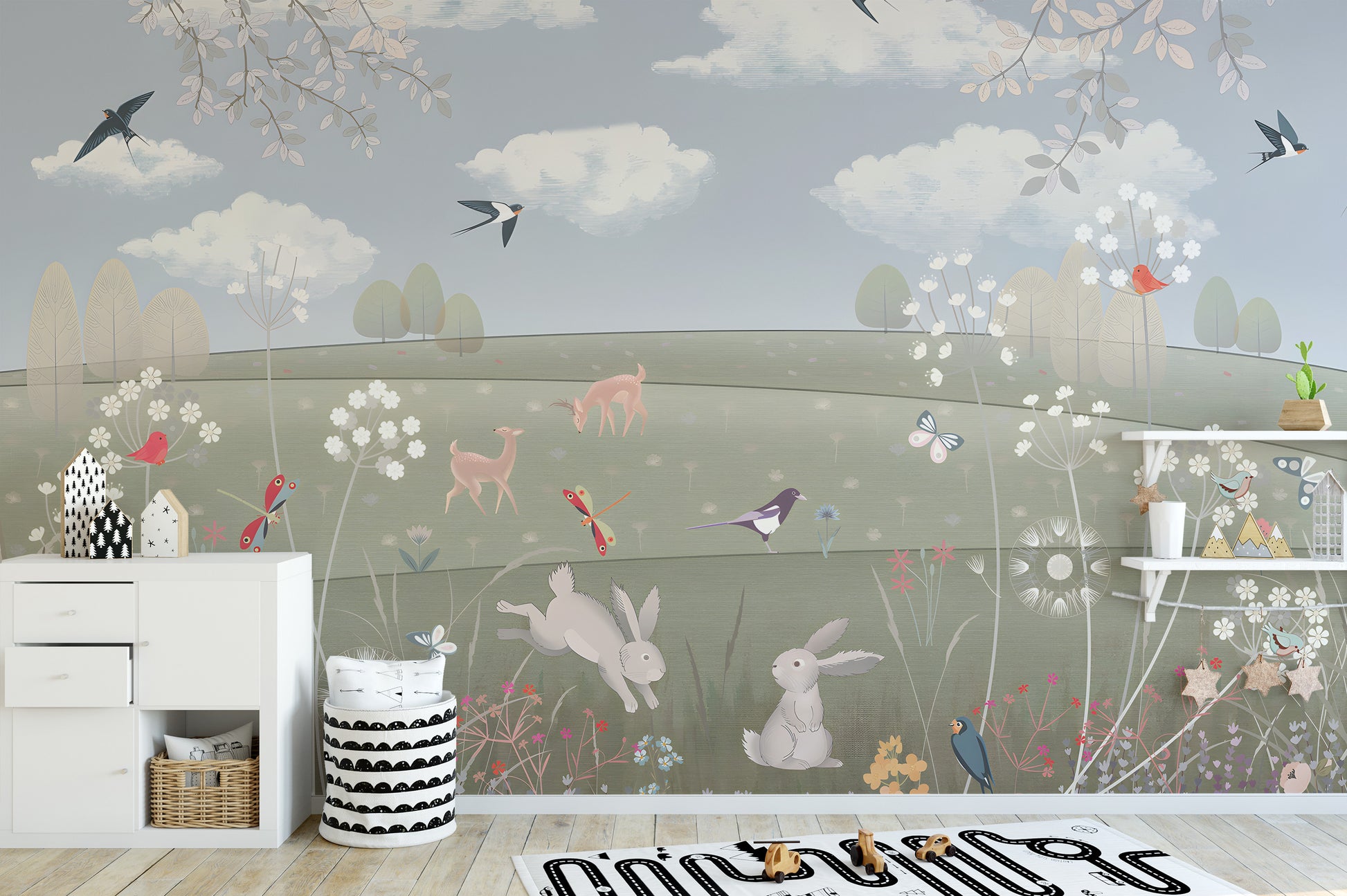 Enchanted garden mural with a watercolor countryside canopy
