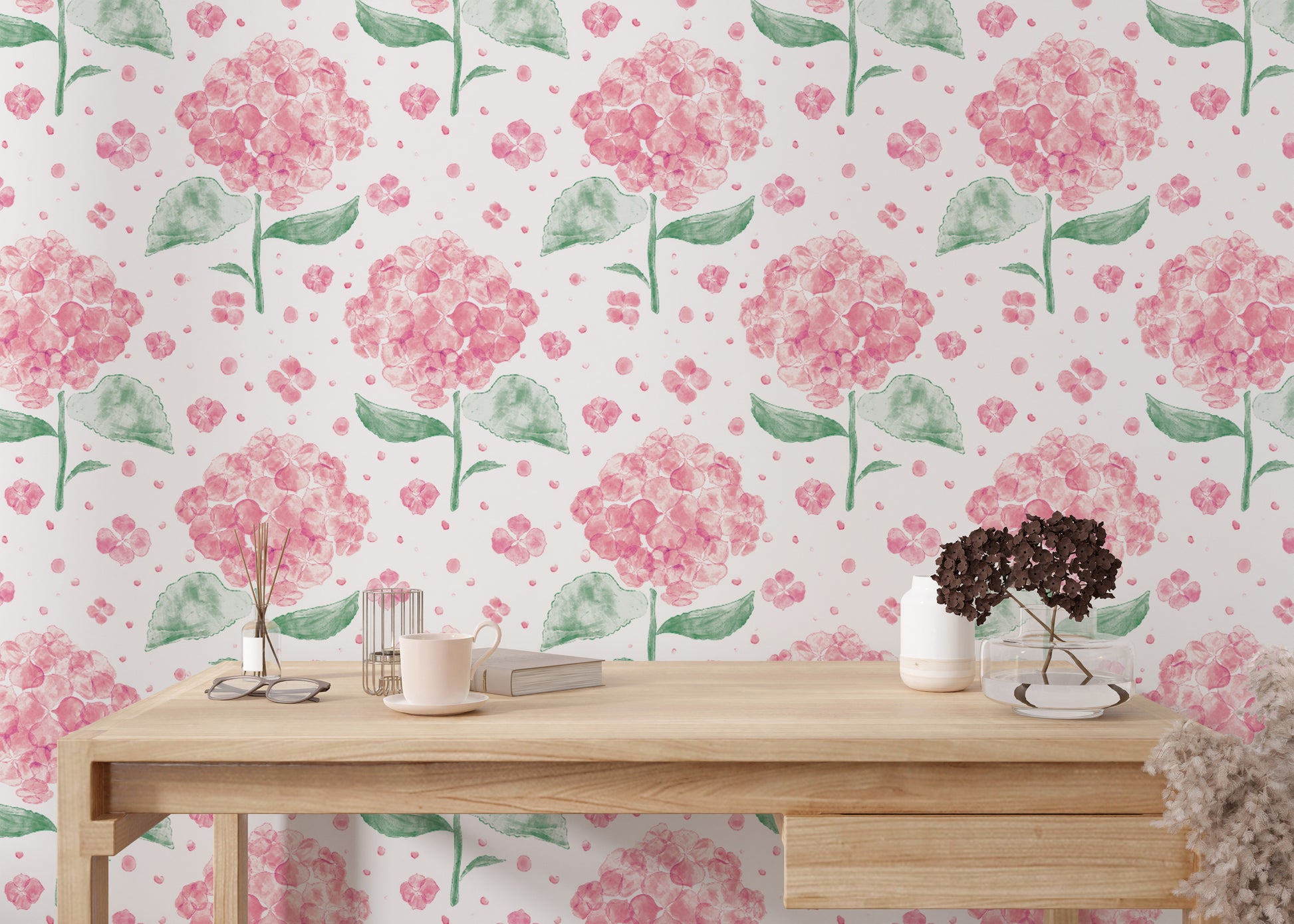 Stylish pink hydrangea wallpaper for romantic and cozy interiors.
