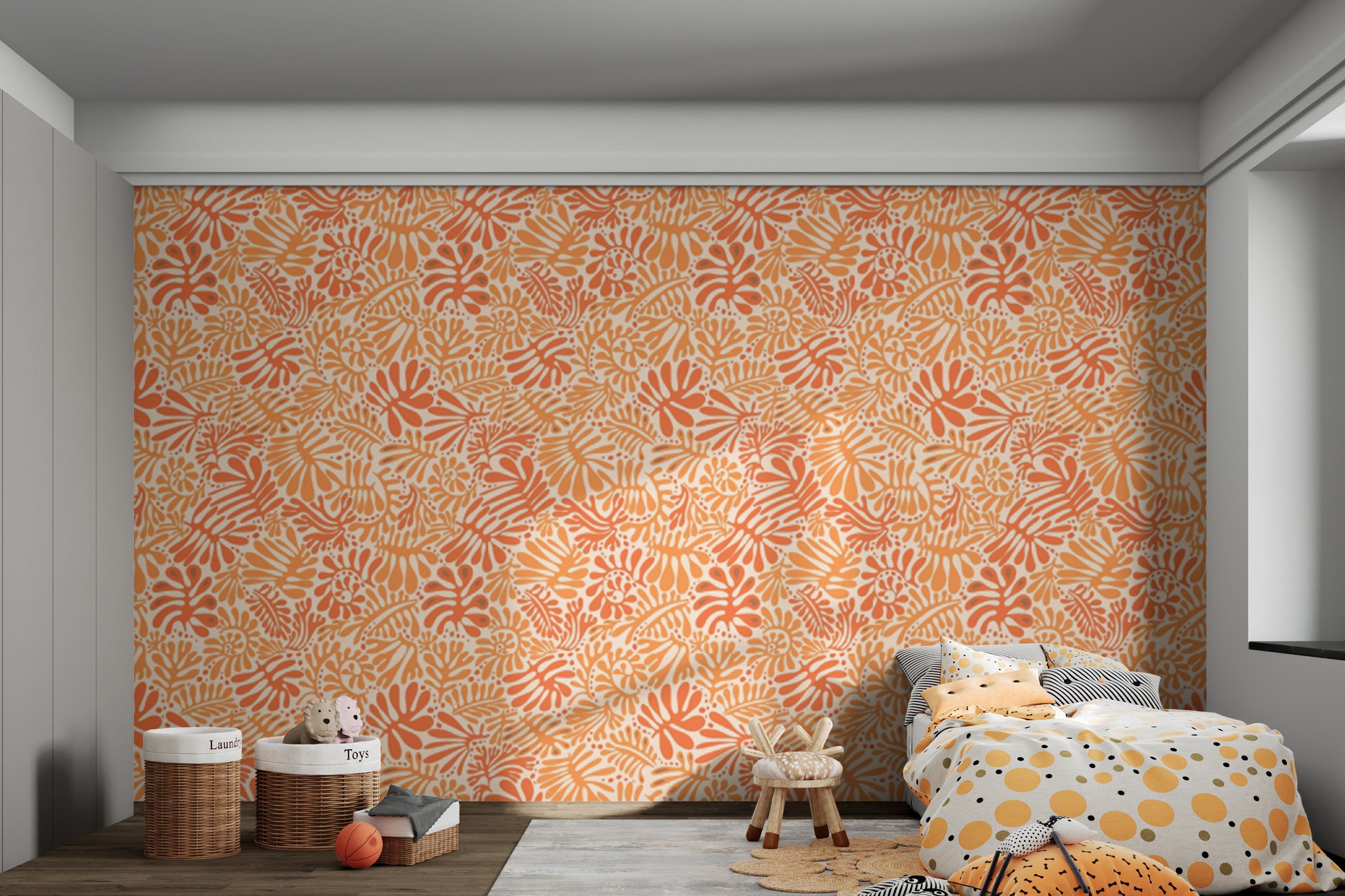 Reusable wallpaper with bold tangerine leaf patterns