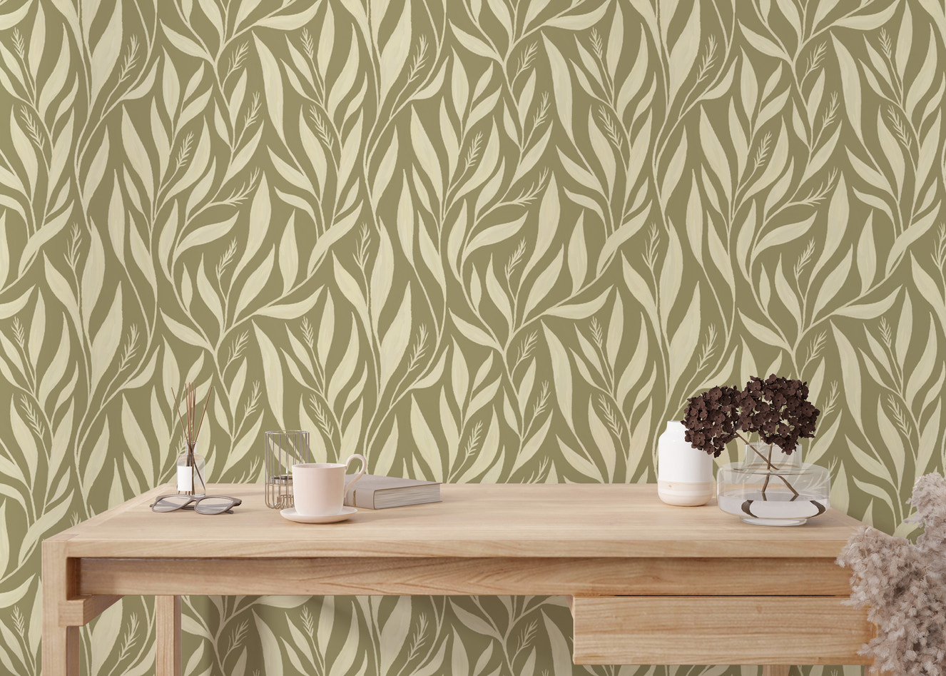 Subtle sage green wallpaper with leaf patterns
