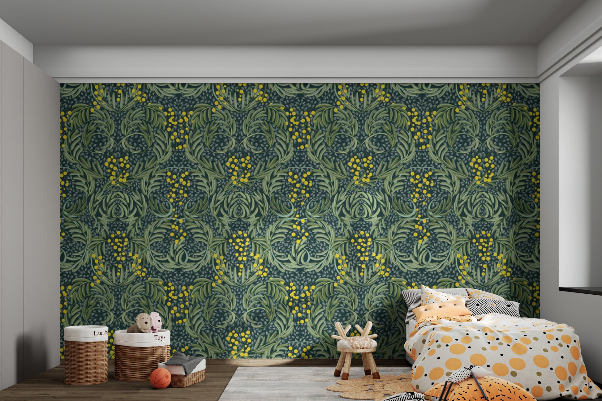 Removable wallpaper with verdant floral mosaic design